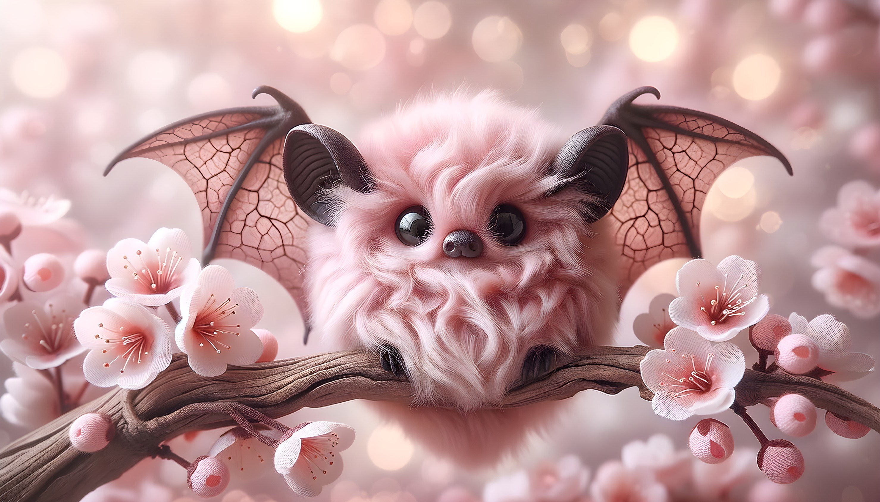Fluffy Pink Bat-Like Creature on Cherry Blossom Branch