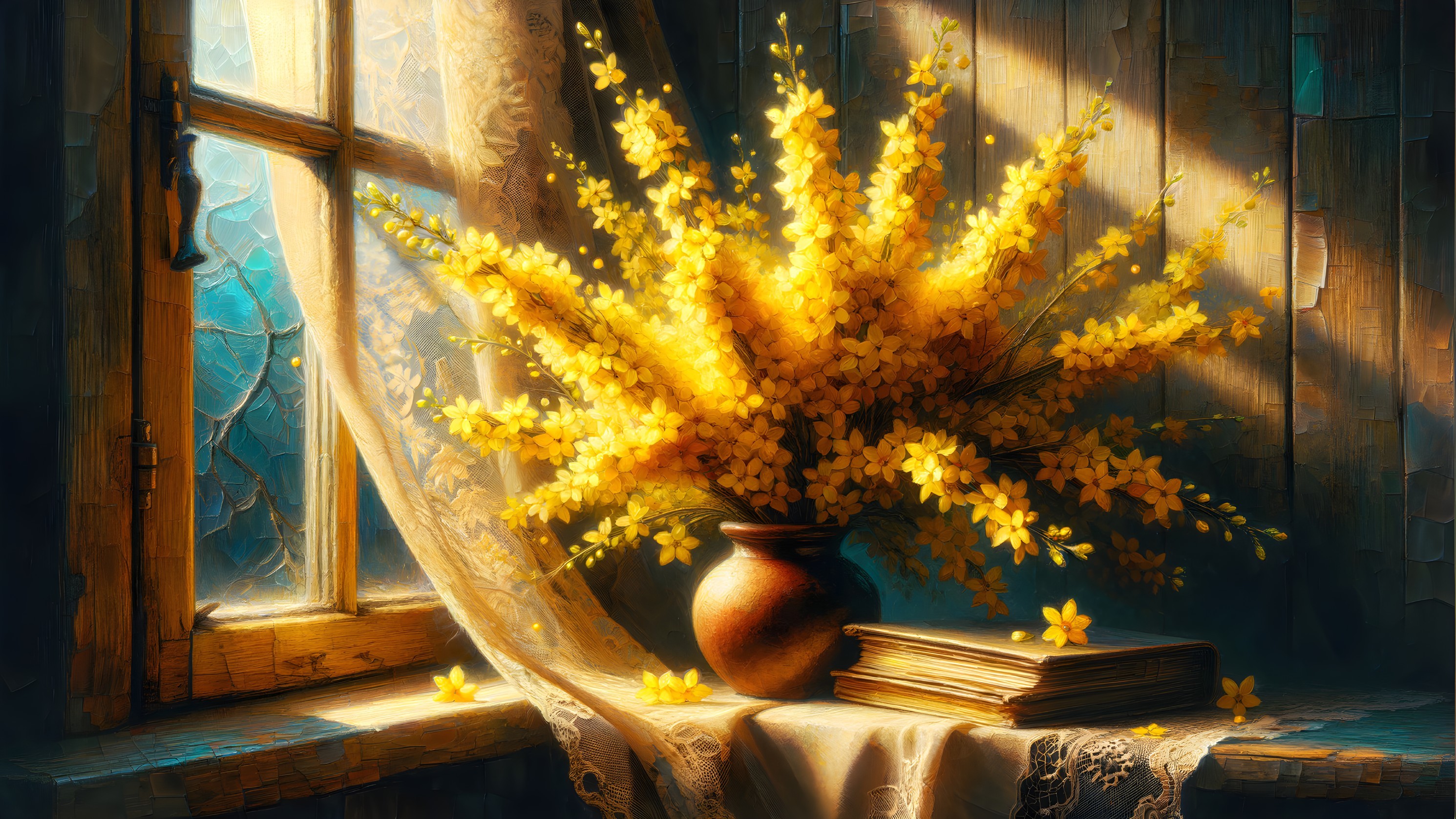 Sunlit Bouquet of Yellow Flowers in Rustic Setting