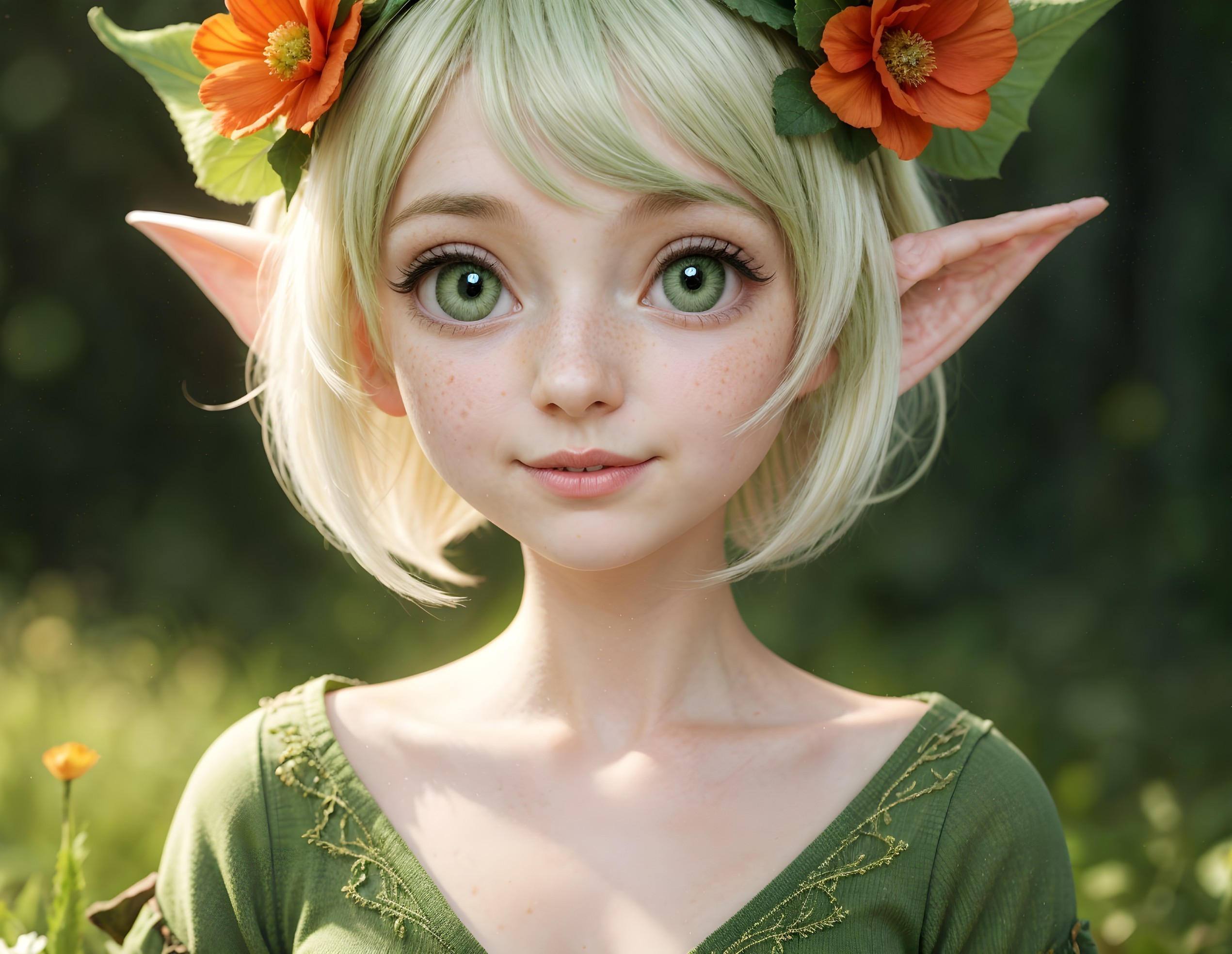 Whimsical Elf in Lush Forest Setting with Flowers