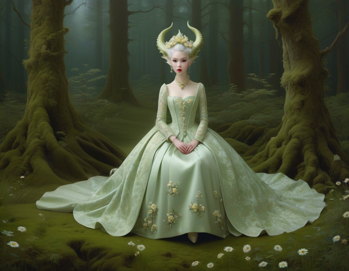 Woman in elegant green dress with antler-like headwear in mystical forest