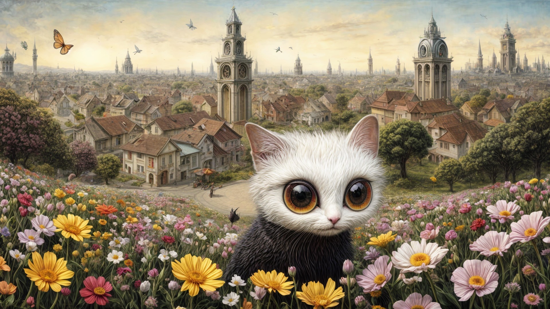 Oversized Cat in Enchanted Flower Field Scene