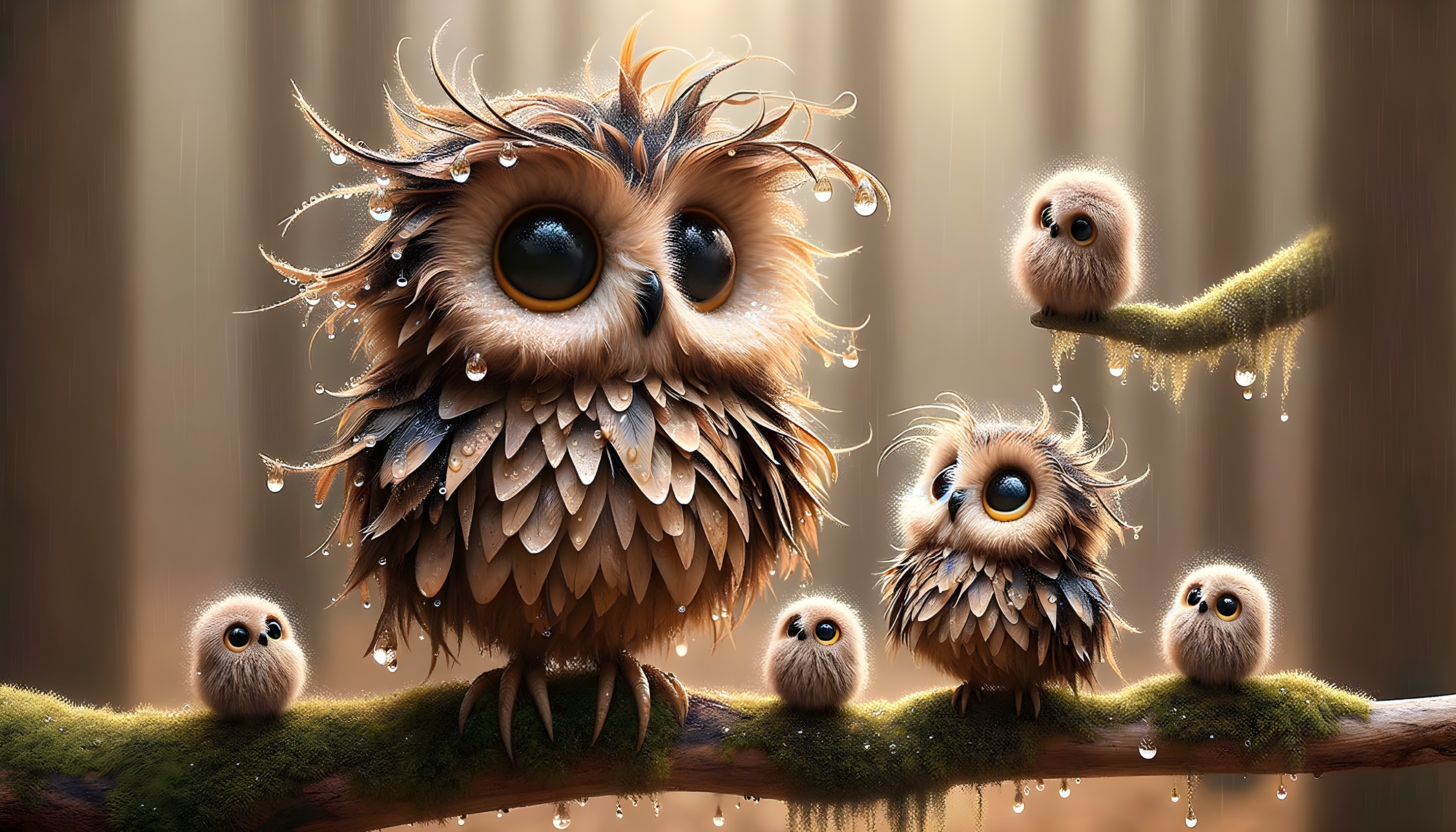 Whimsical Scene of Oversized Owl and Fluffy Owlets