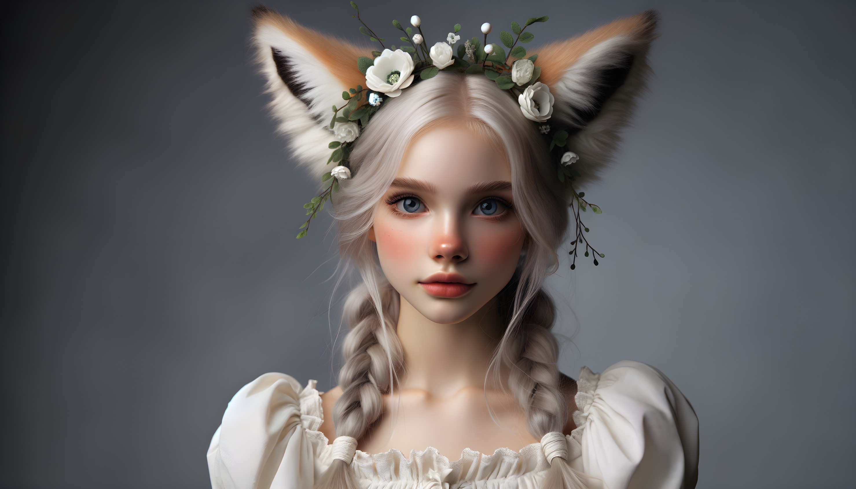 Young woman with fox ears and floral crown in white dress