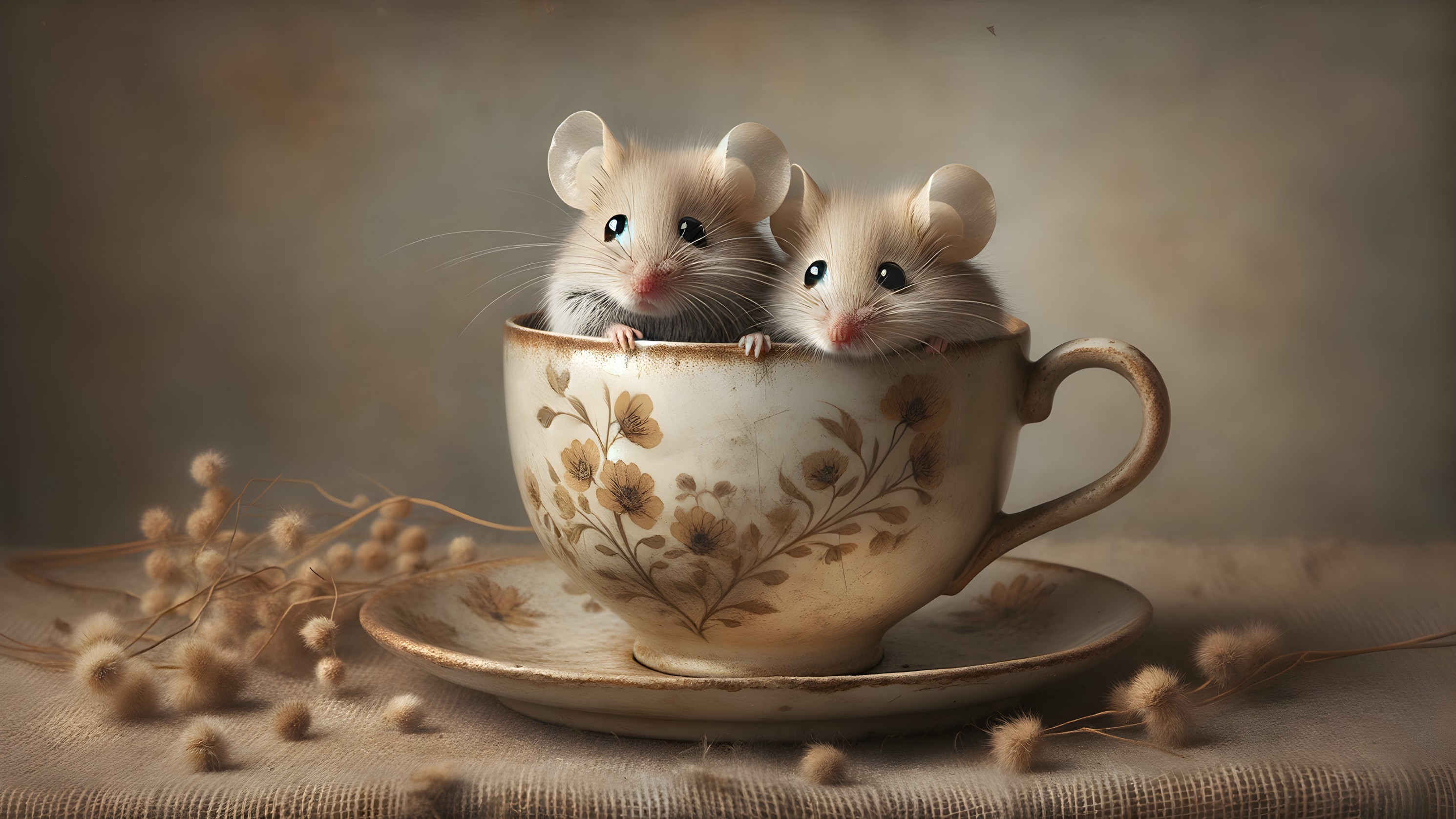Fluffy Mice in Antique Teacup with Floral Patterns