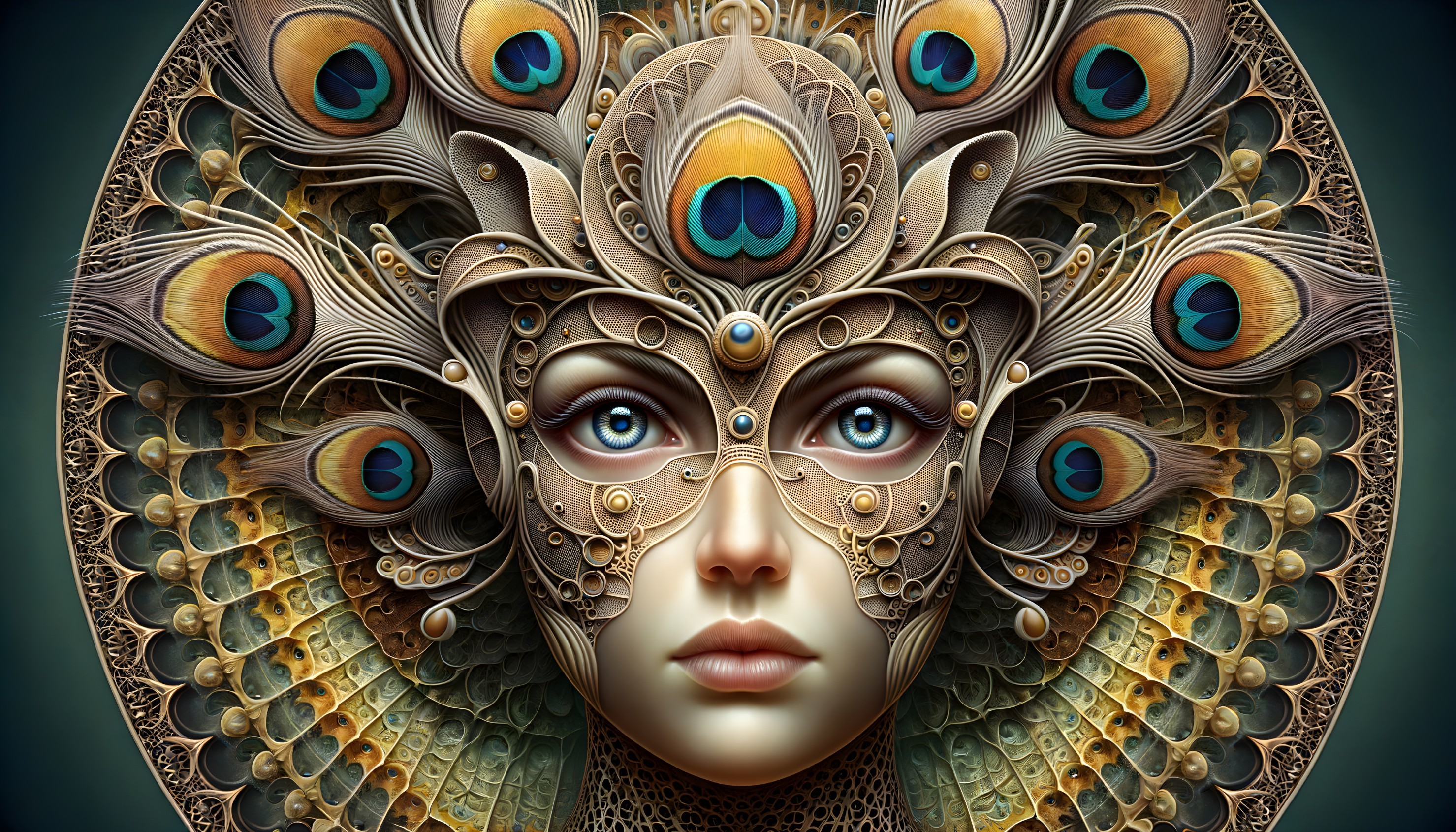 Intricate Decorative Mask with Peacock Feather Patterns