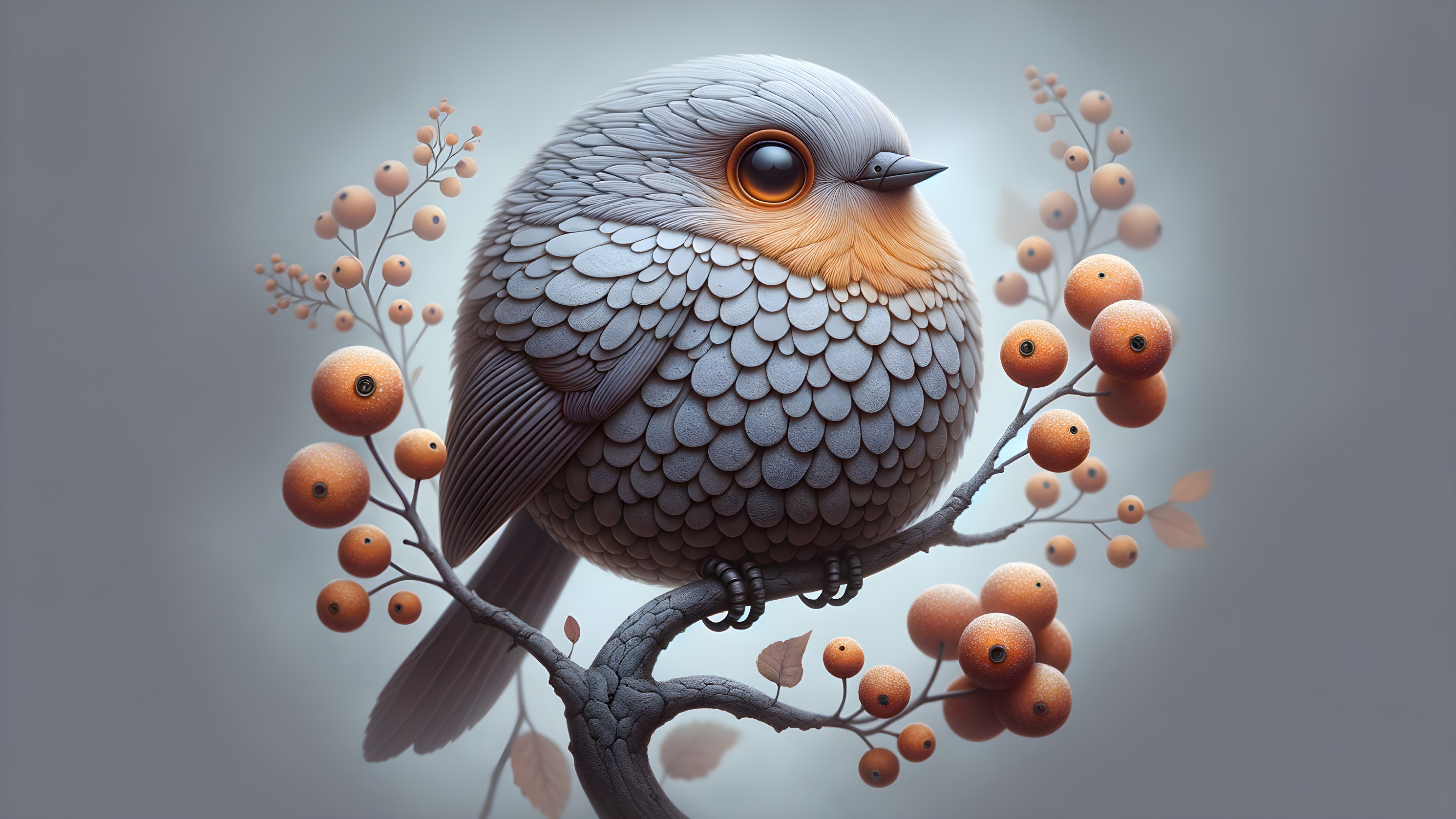 Chubby Bird on Branch with Orange Berries and Foliage