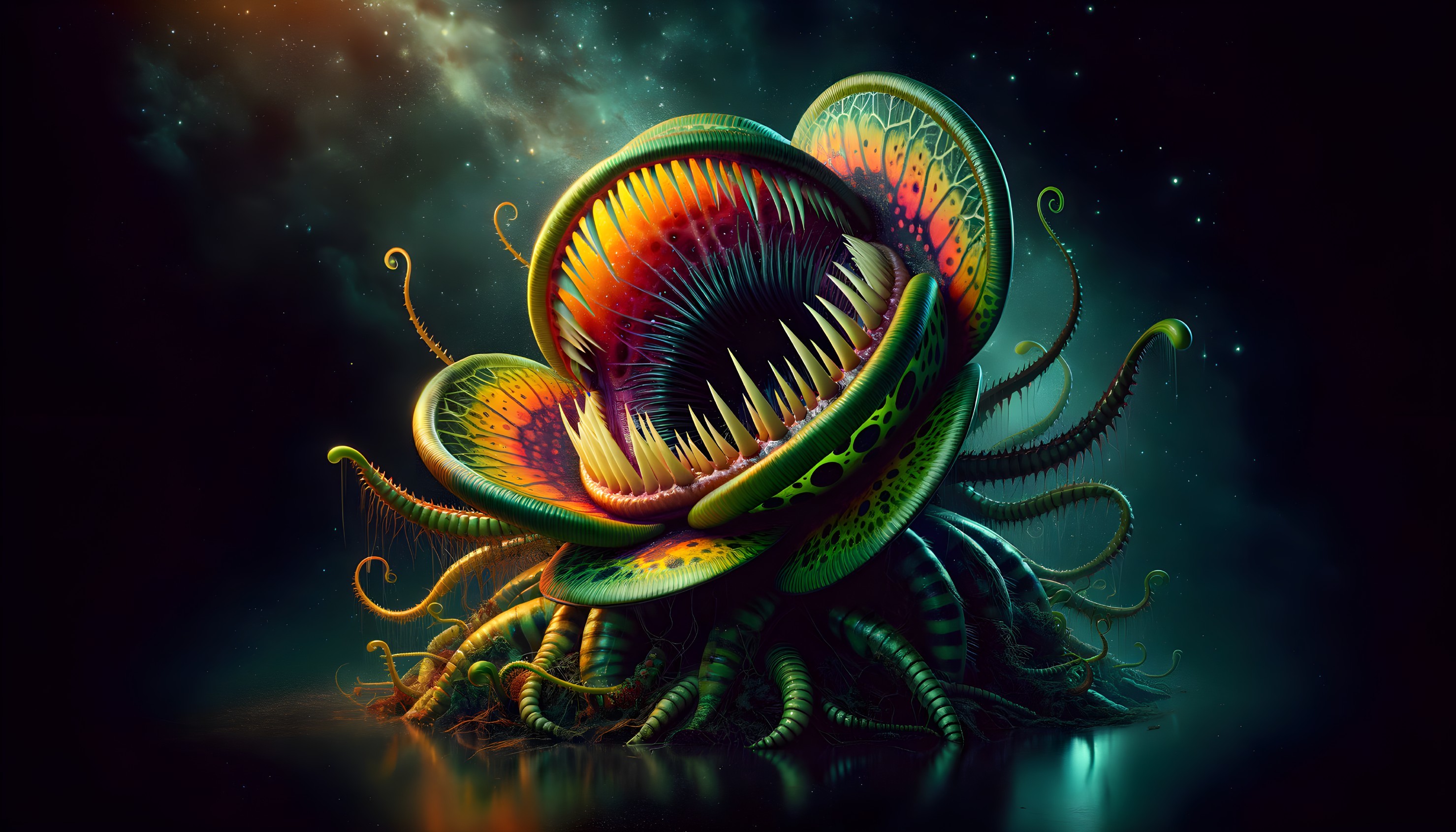 Vibrant Otherworldly Plant with Colorful Flower and Roots