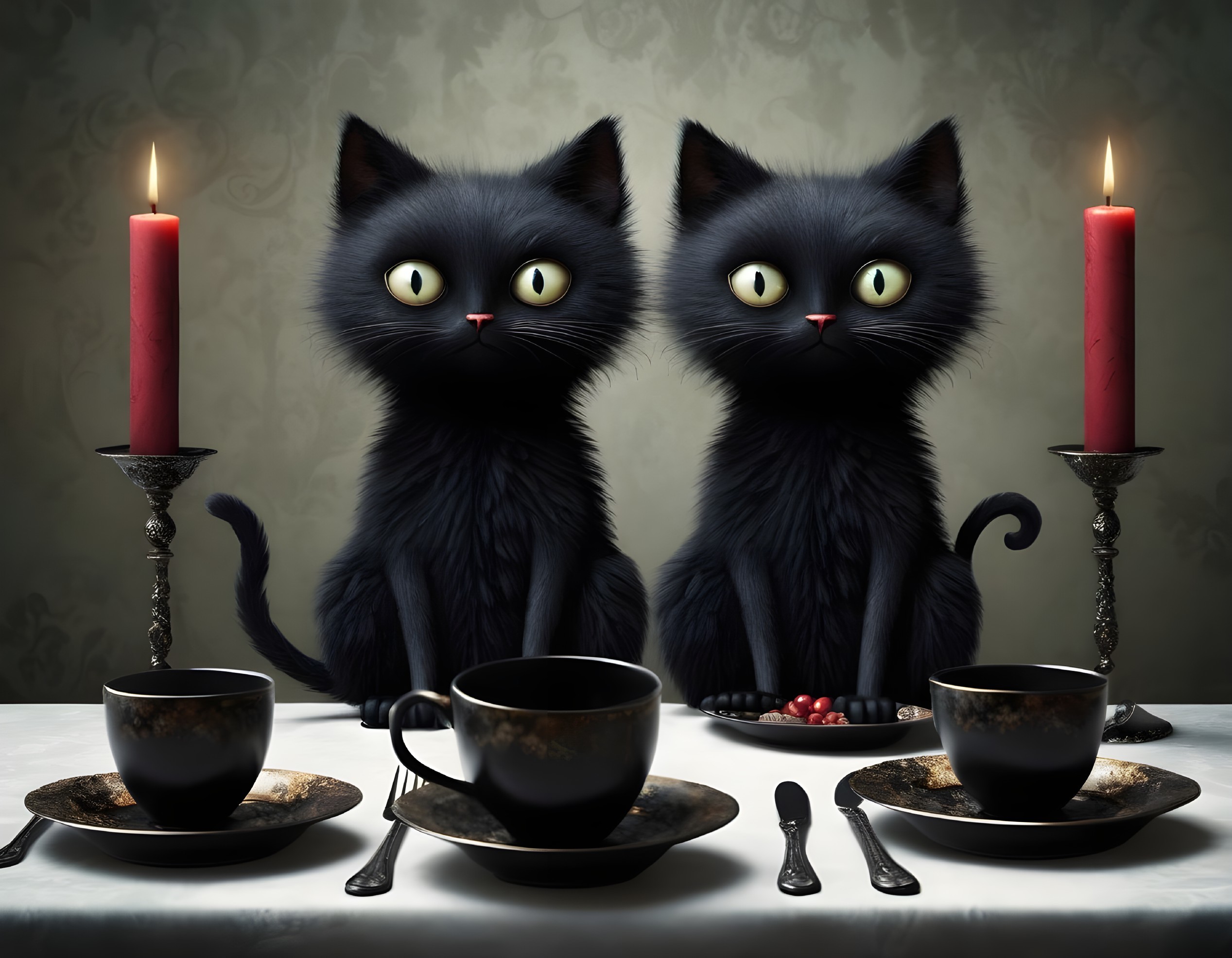 Whimsical Black Cats at Elegant Dinner Table Setting