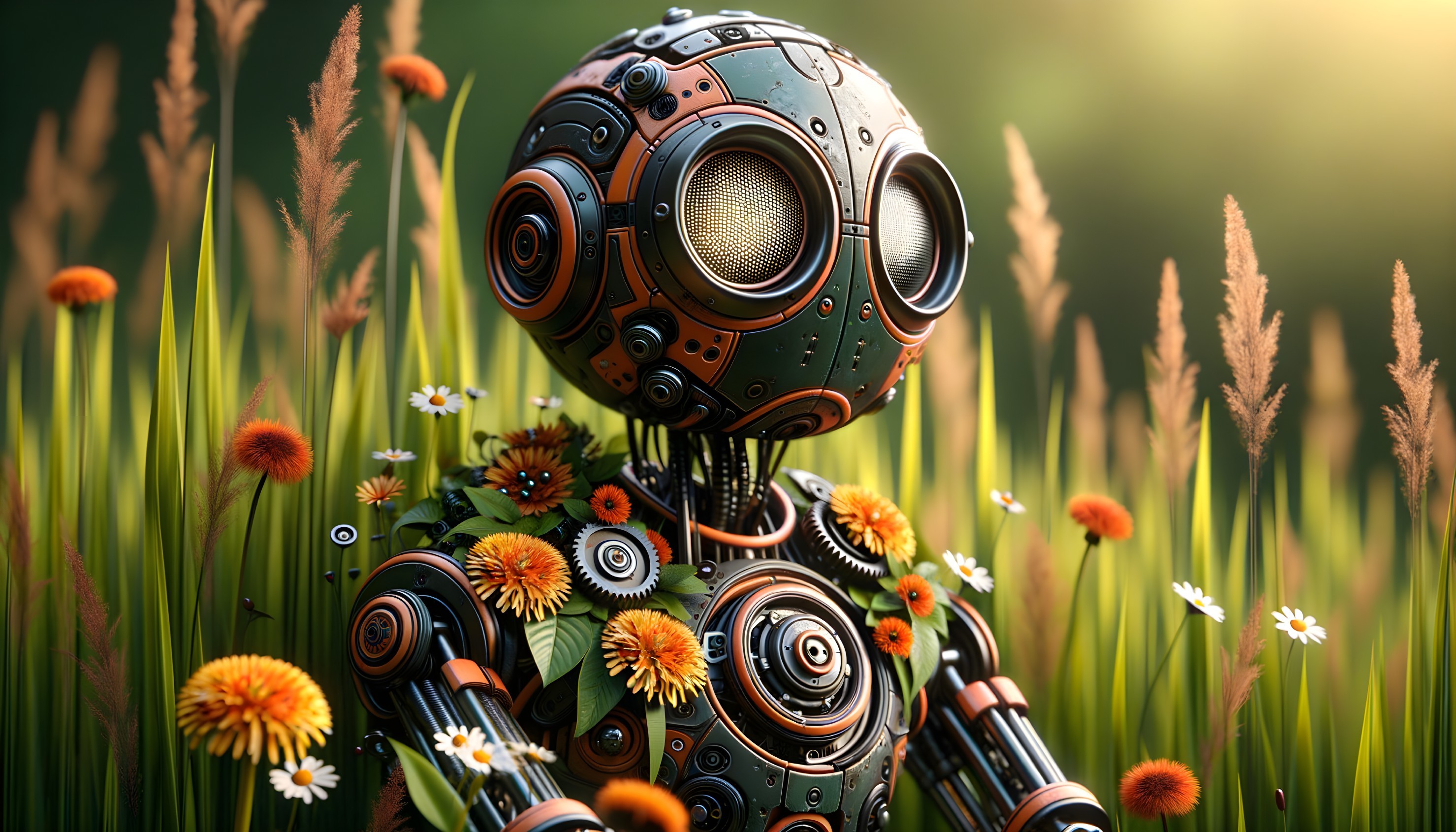 Whimsical Robot Surrounded by Vibrant Wildflowers