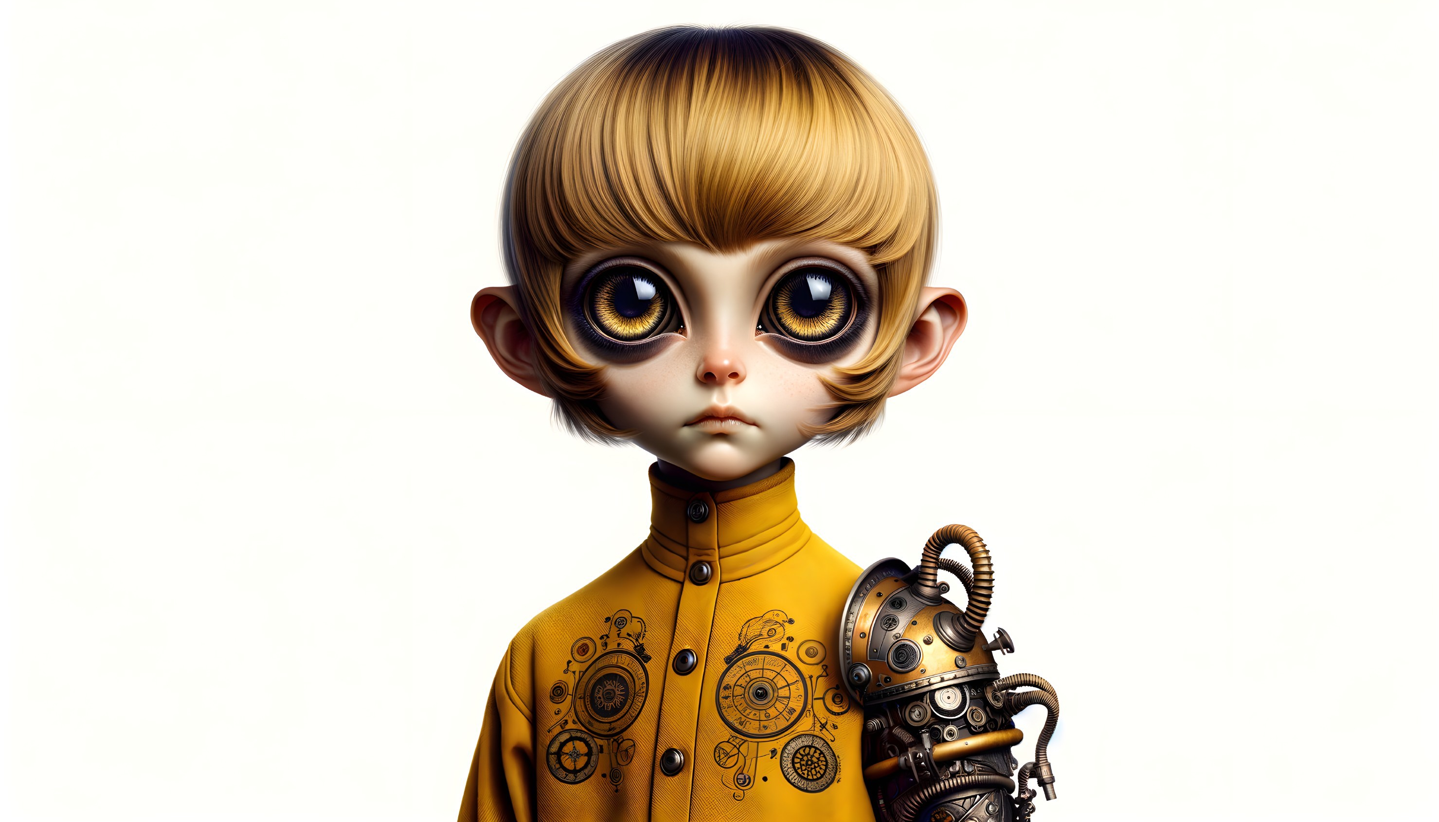 Whimsical Child with Unique Hairstyle and Mechanical Arm