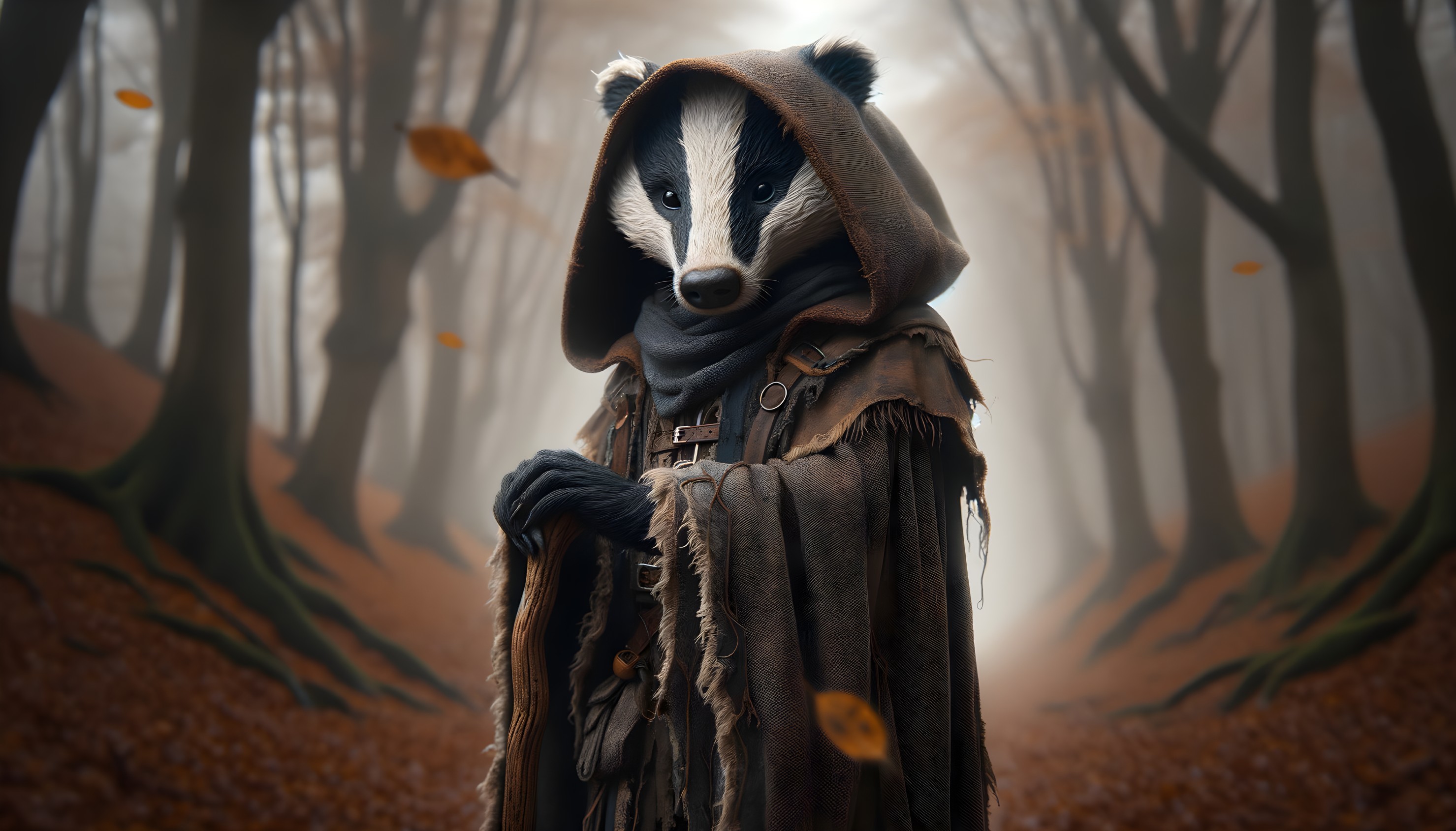 Mysterious Figure in a Misty Forest with Badger Head
