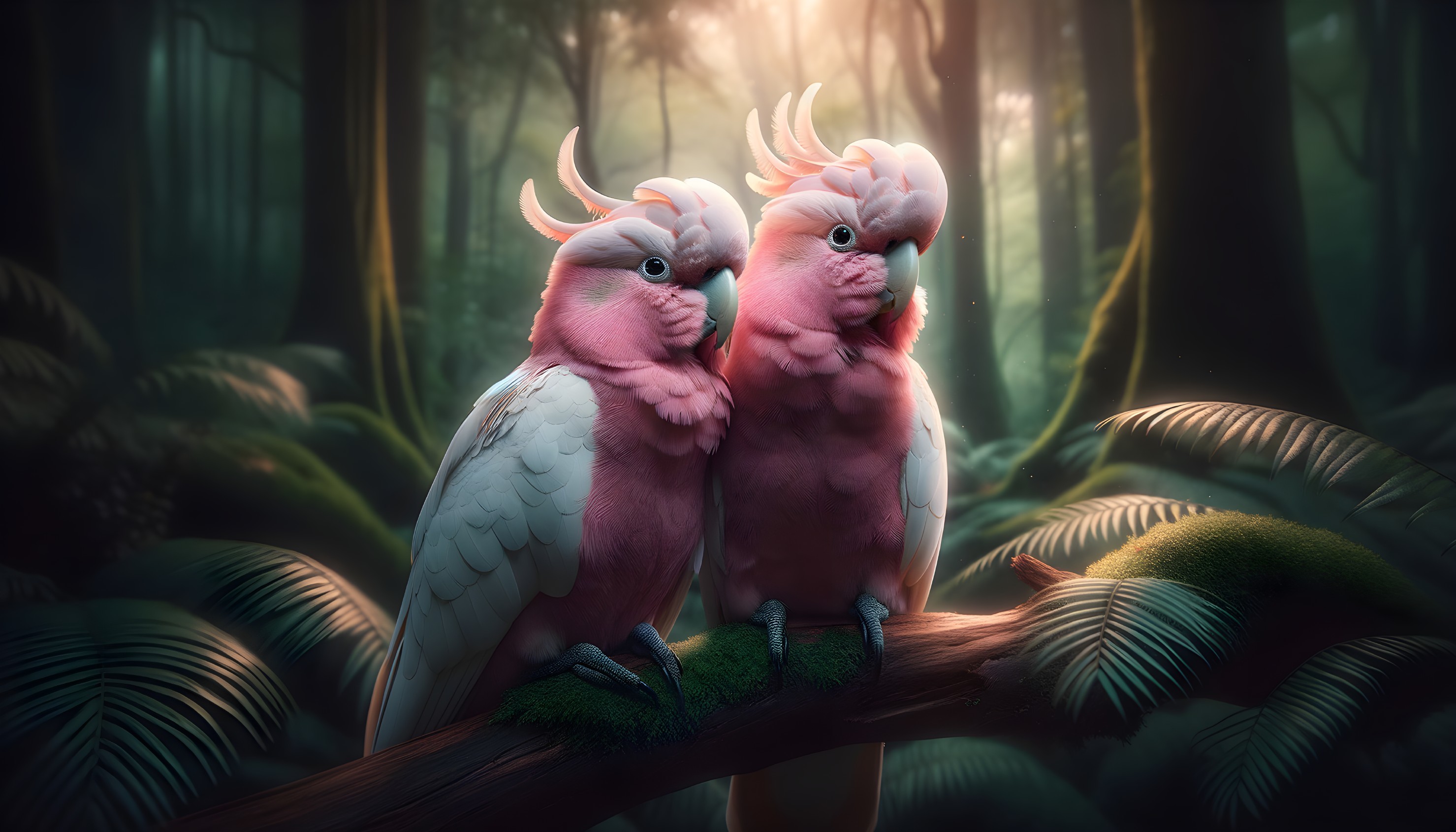 Pink Cockatoos on a Mossy Branch in Tropical Forest