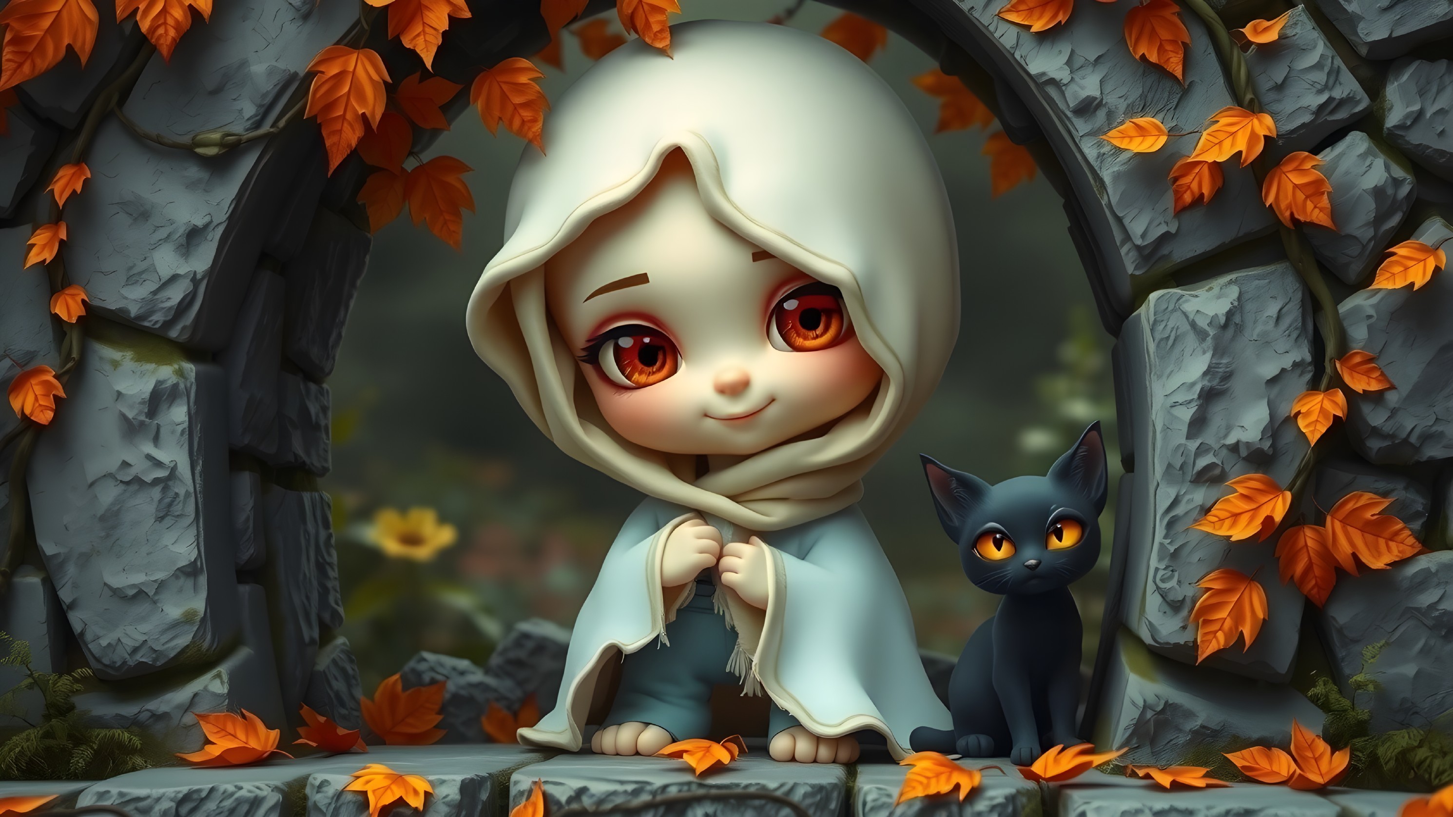 Child in Cloak with Cat Under Autumn Archway