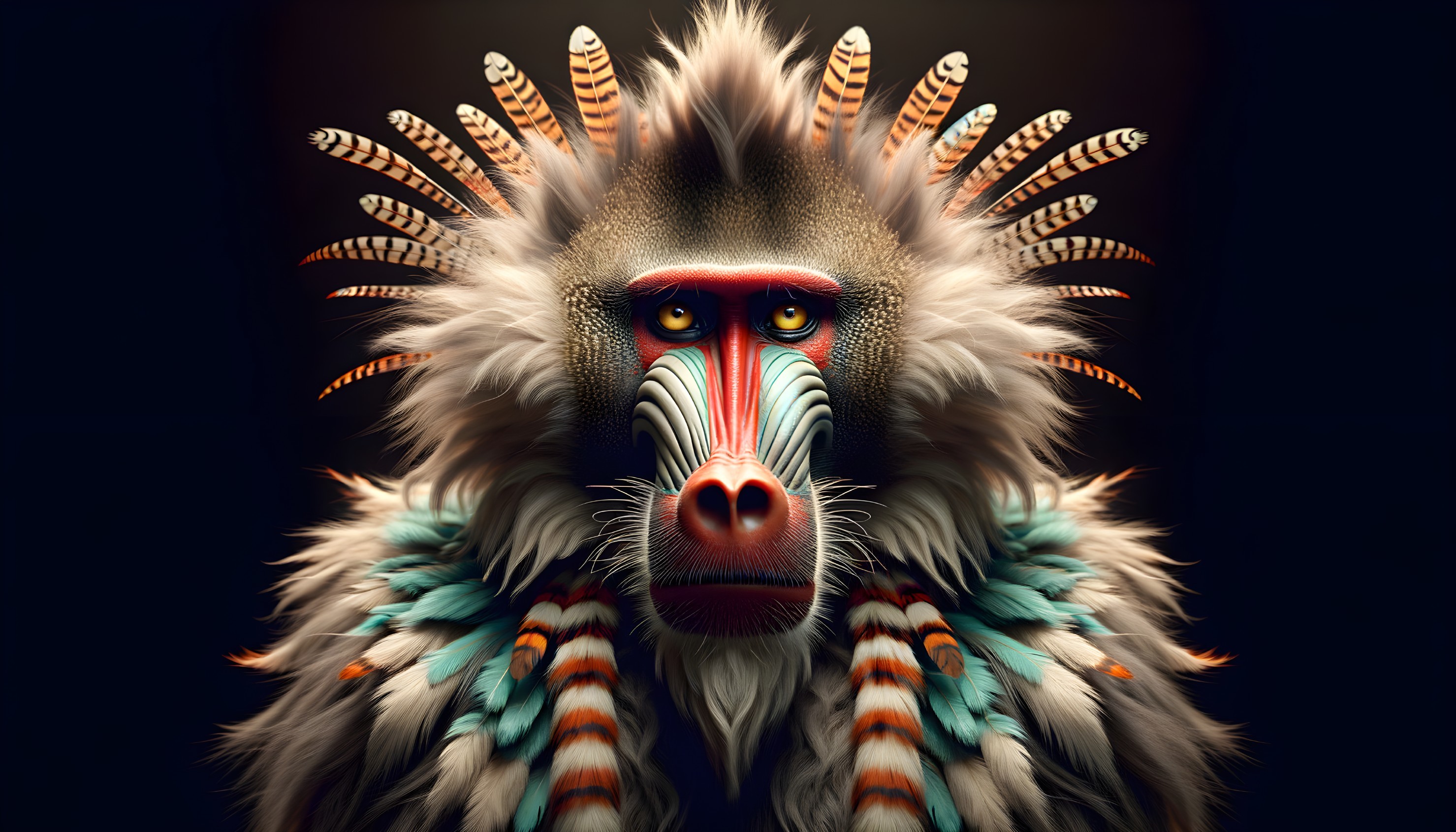 Vibrant Baboon with Colorful Feathers and Patterns