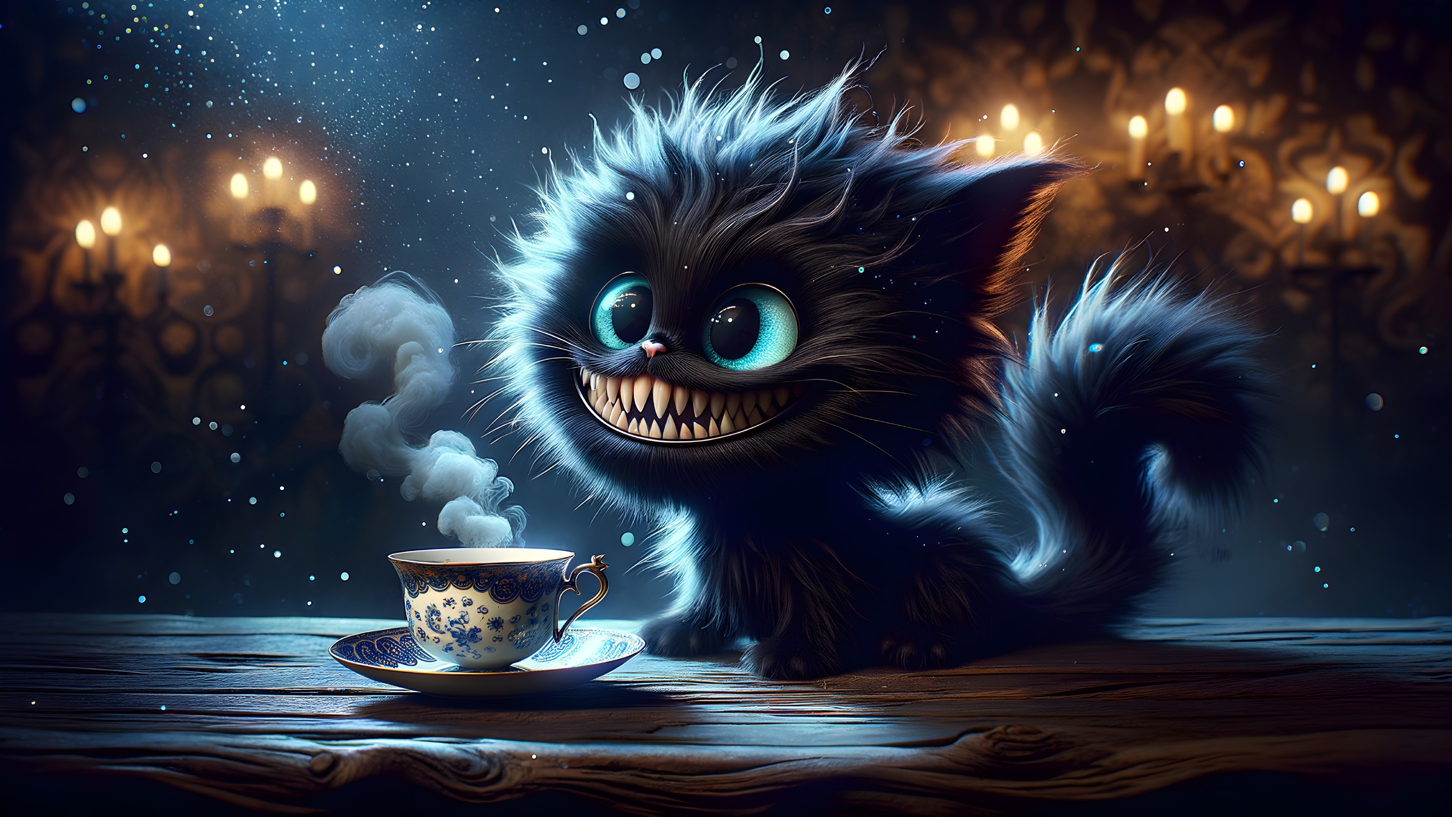 Whimsical Black Cat with Teacup and Glowing Candles