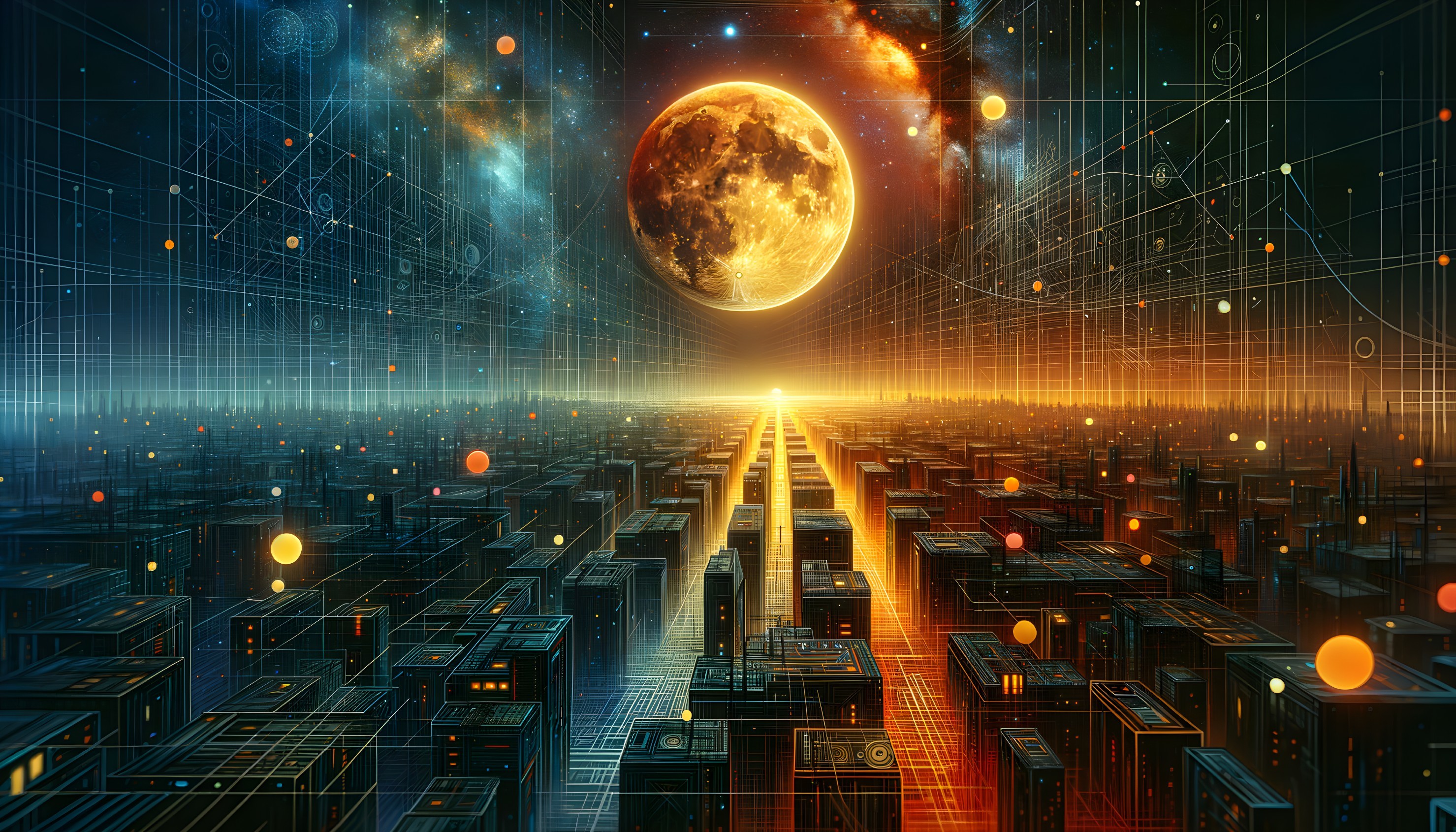 Futuristic cityscape with glowing elements and skyline