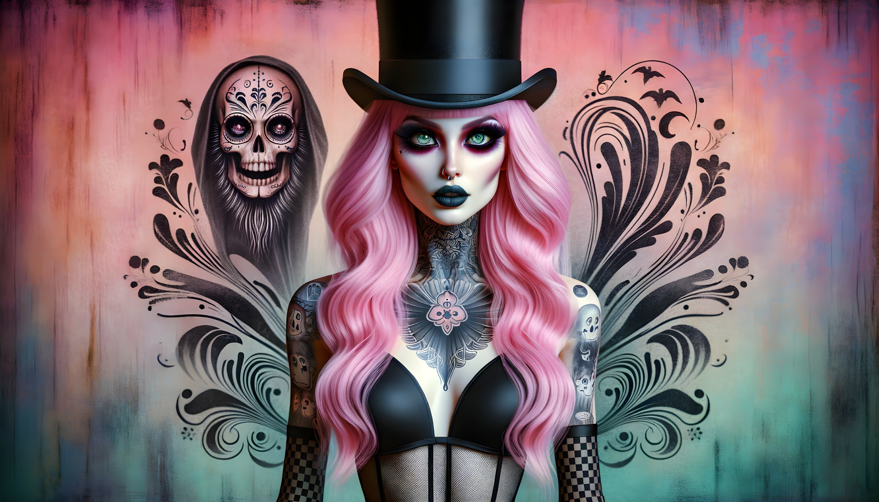 Confident Figure with Pink Hair Against Vibrant Designs