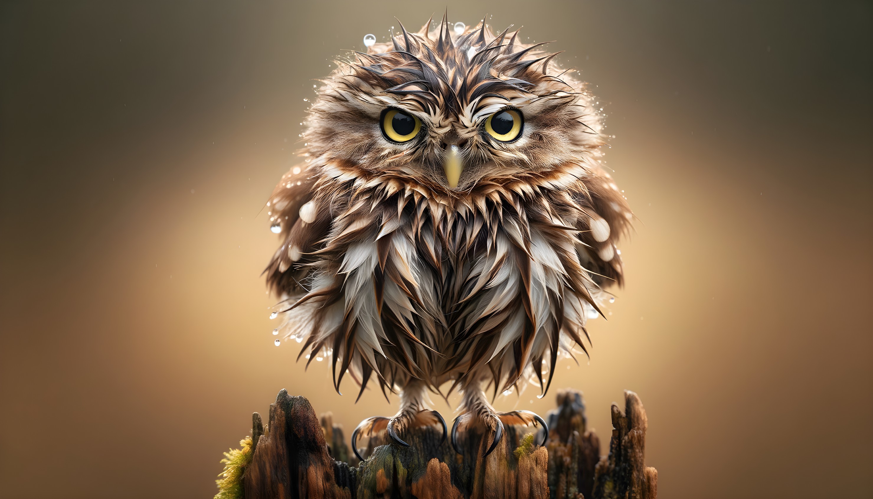 Majestic owl on mossy log with glistening feathers