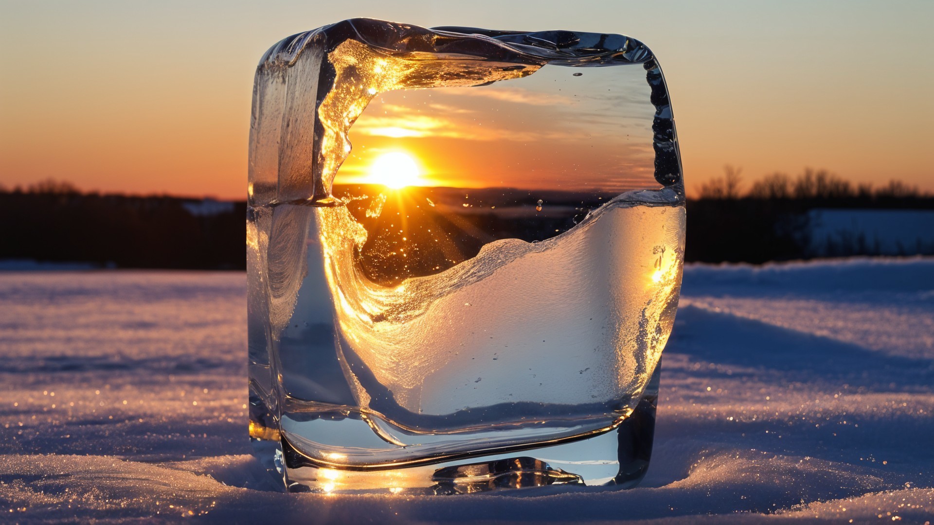 Ice Cube in Snow Reflecting Sunset Glow and Patterns