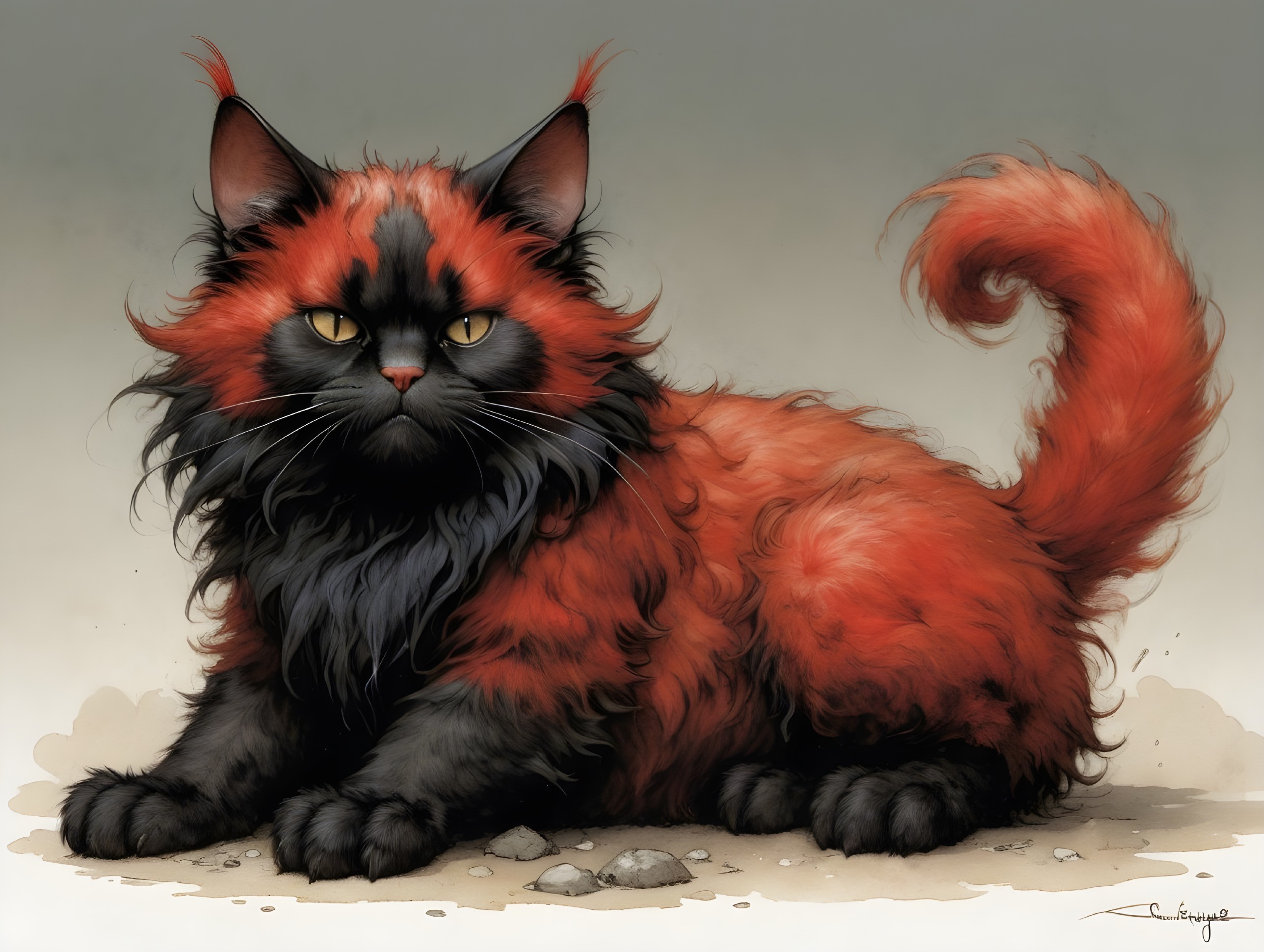 Fluffy Feline with Red and Black Coat and Golden Eyes