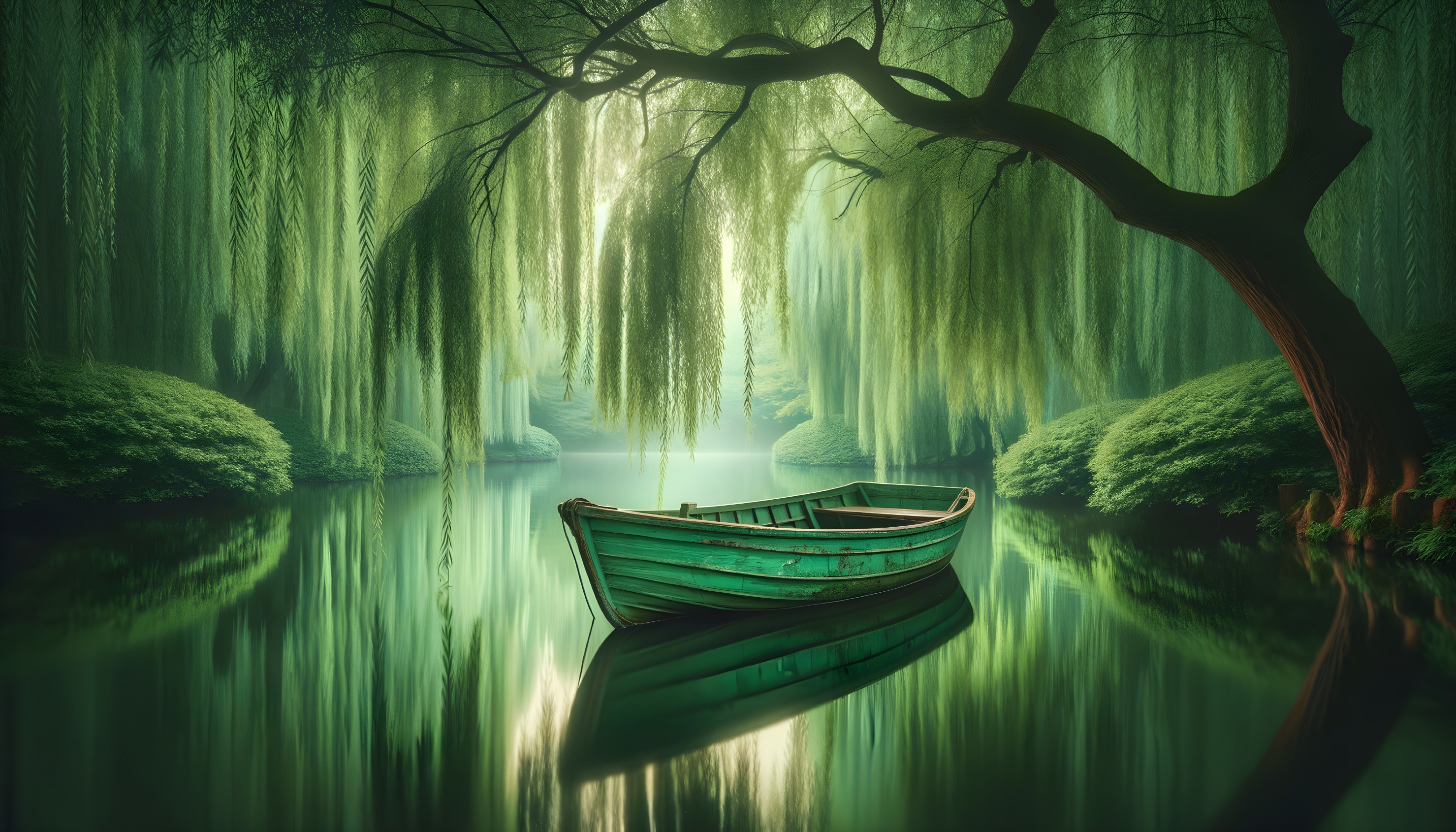 Lone Green Boat on a Calm Reflective River Scene