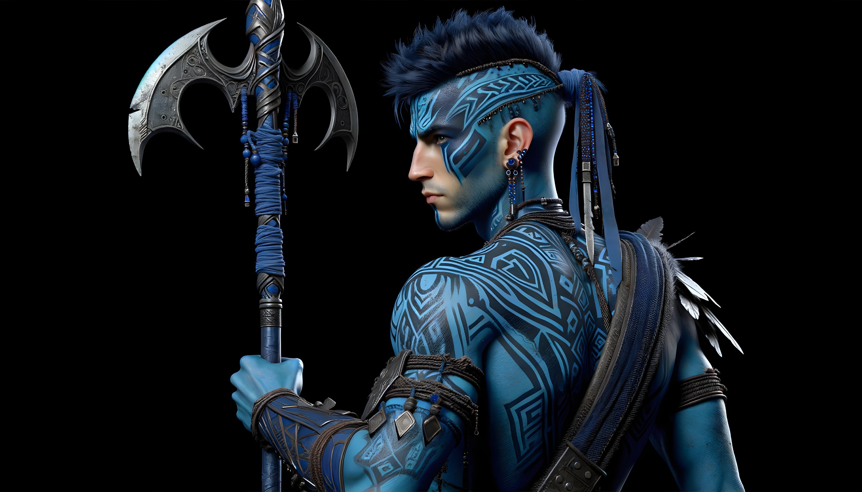 Stylized warrior with blue tattoos and weapons