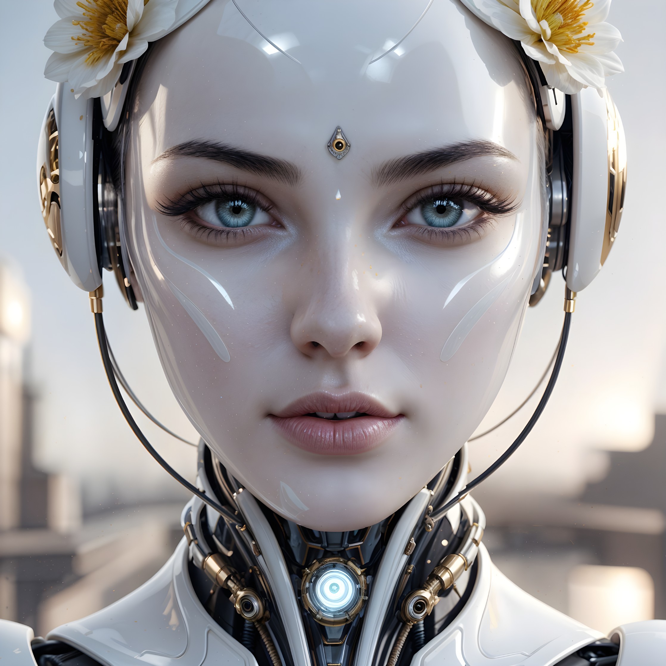 Futuristic humanoid robot with floral accents in cityscape