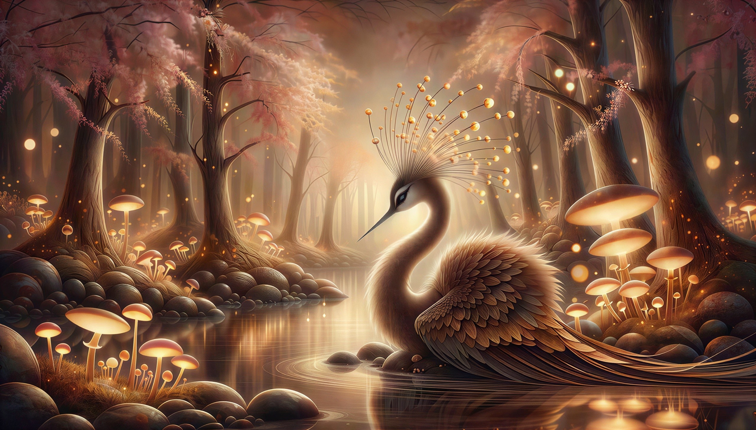 Majestic Bird in Enchanted Forest with Glowing Elements