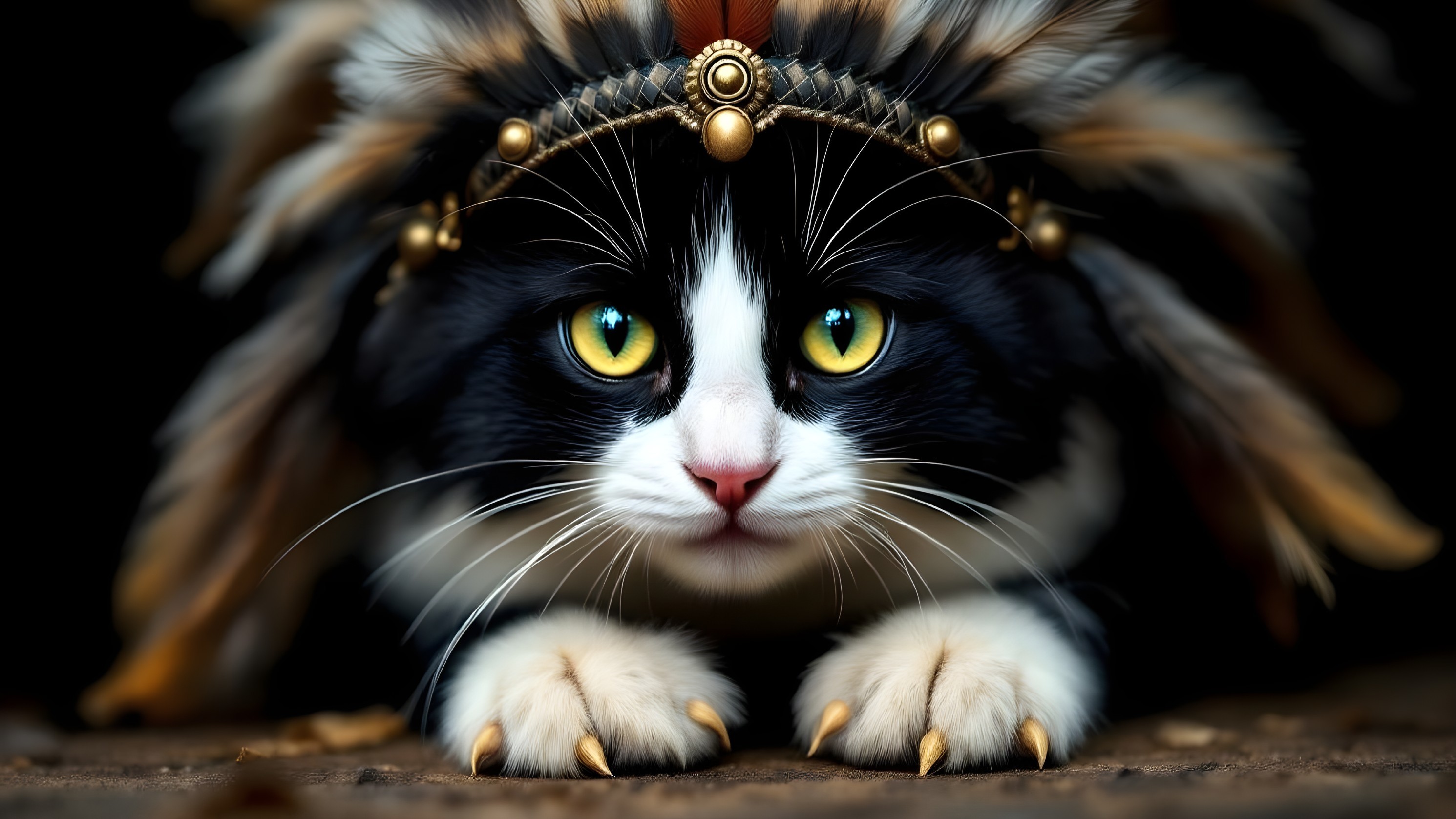 Black and white cat with feathered headpiece and yellow eyes