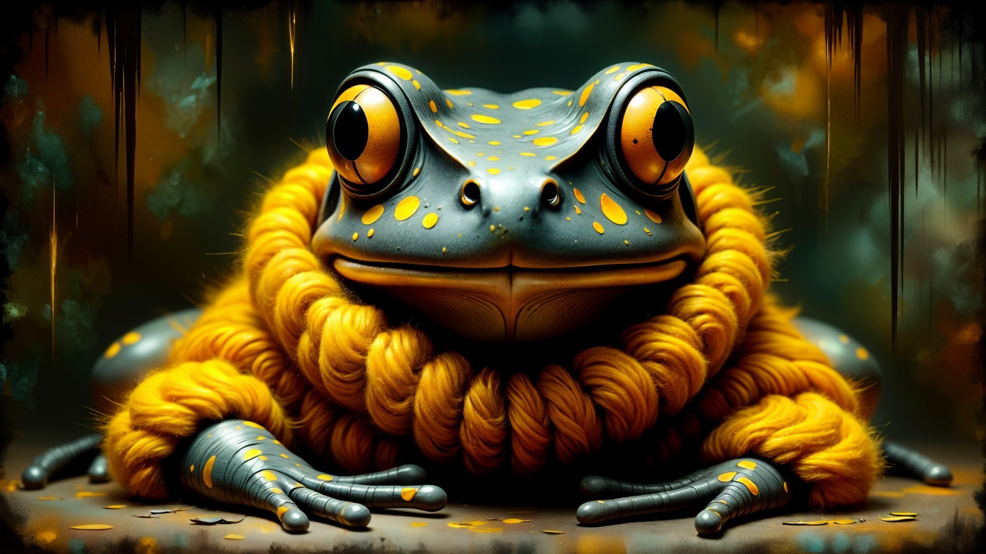 Whimsical Frog with Blue Skin and Yellow Scarf