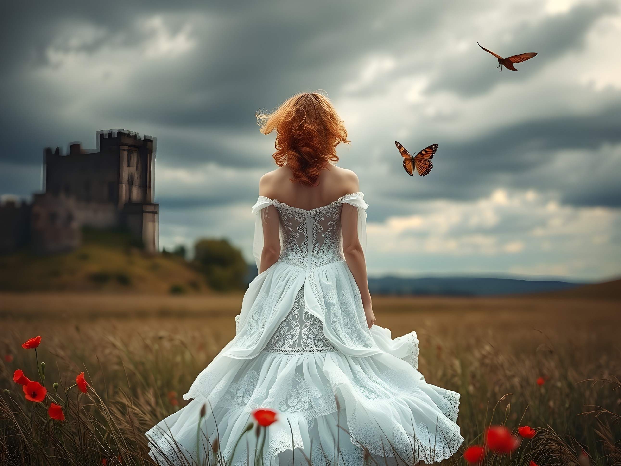 Woman in White Dress Among Poppies and Castle View