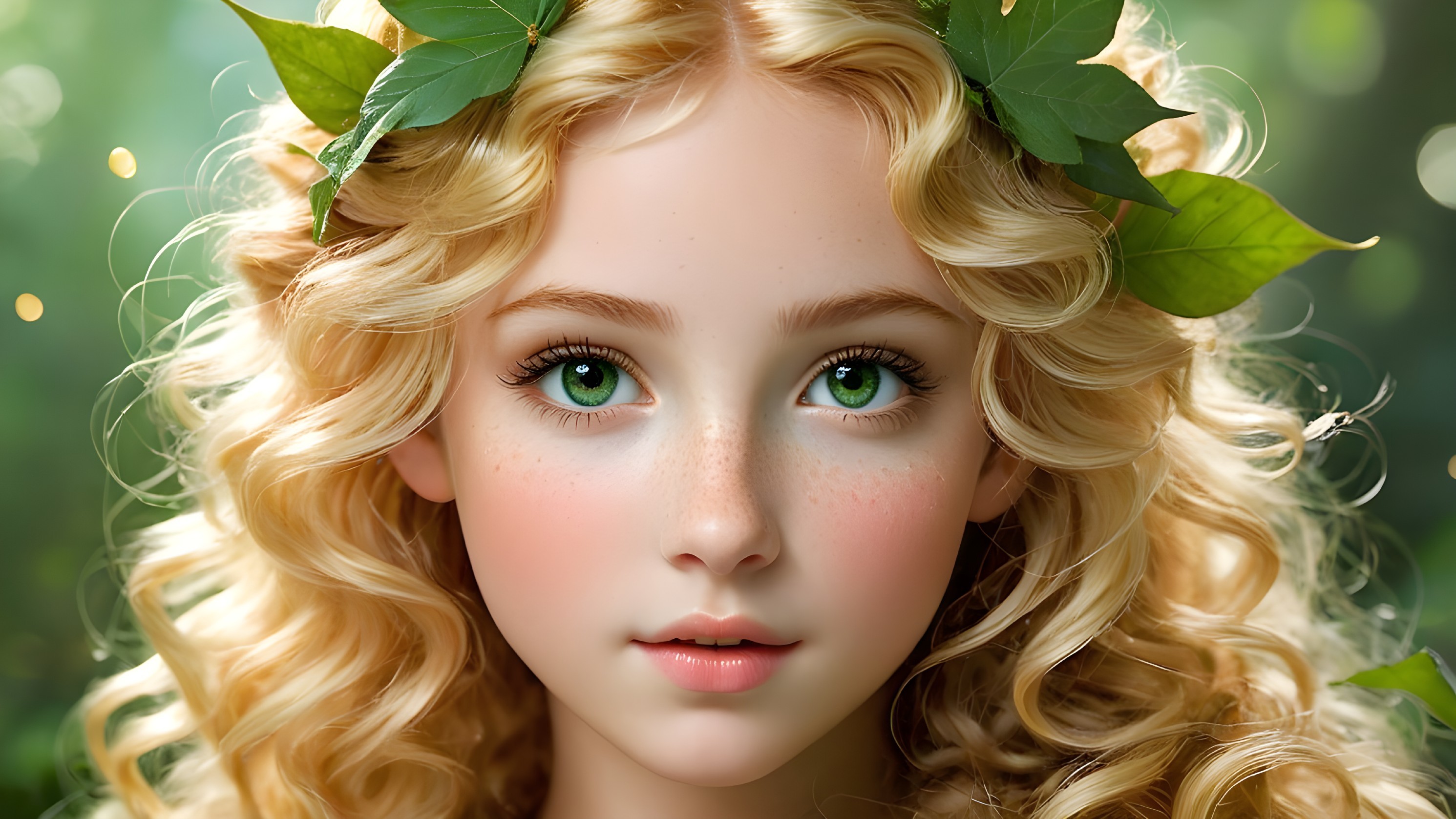 Young girl with green eyes in a serene forest setting