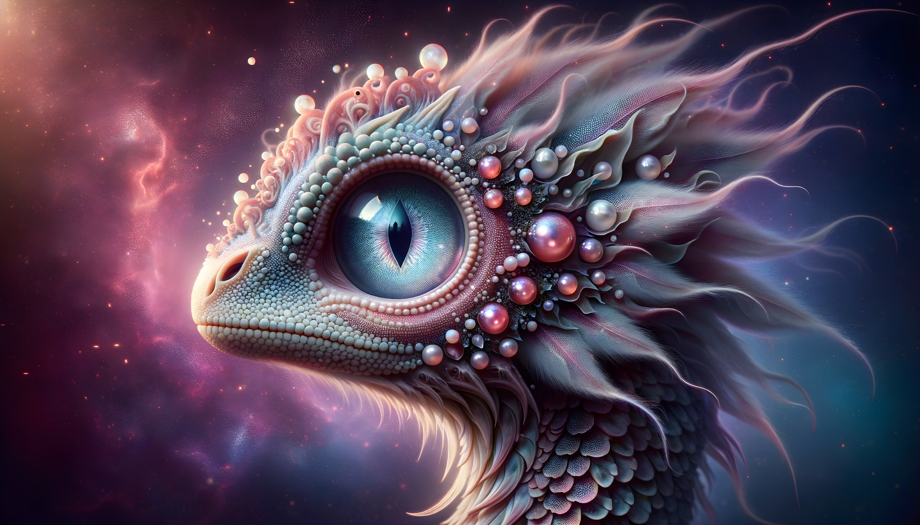 Iridescent Creature with Pearls and Cosmic Background