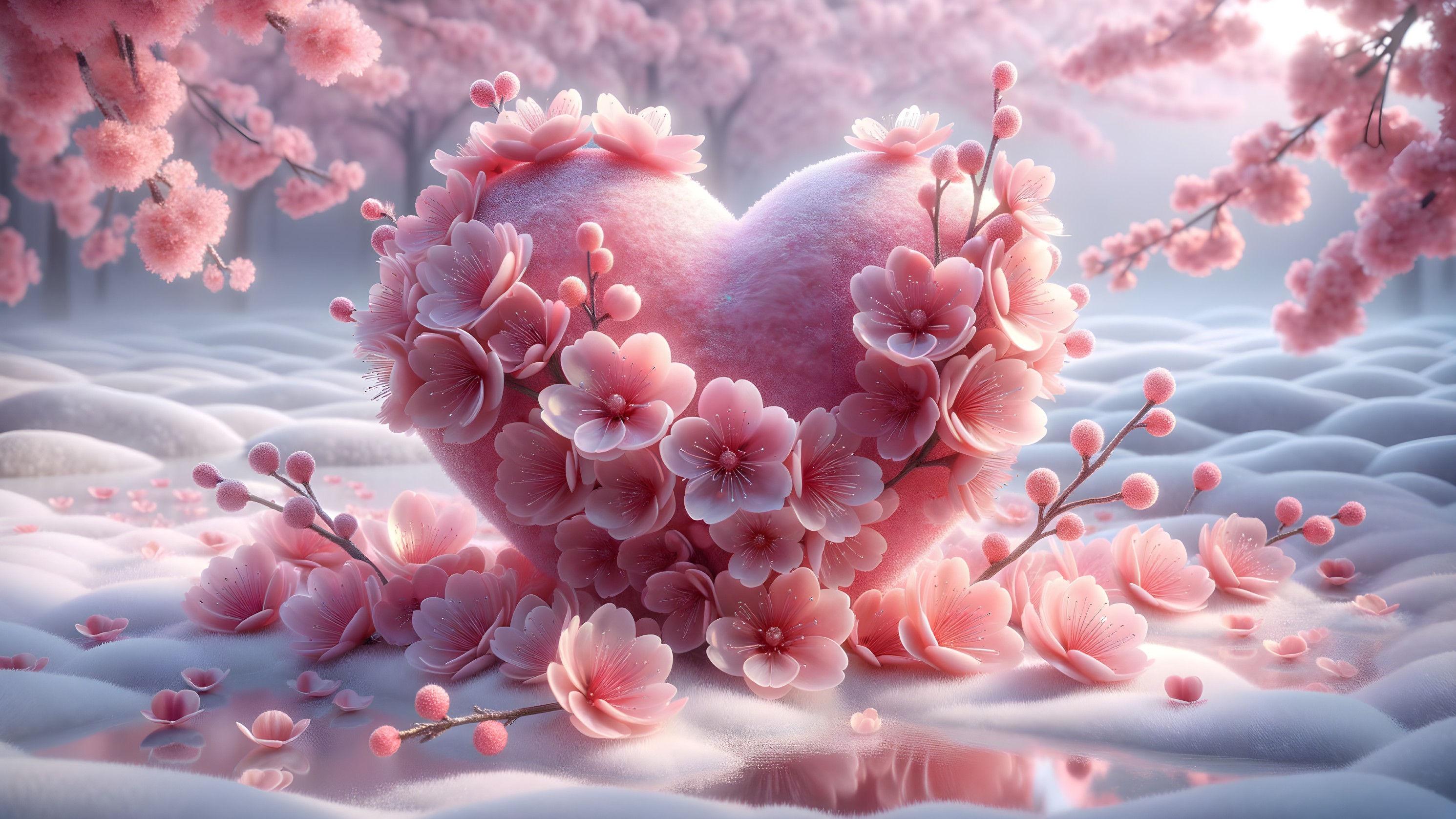 Plush Heart Surrounded by Pink Cherry Blossoms