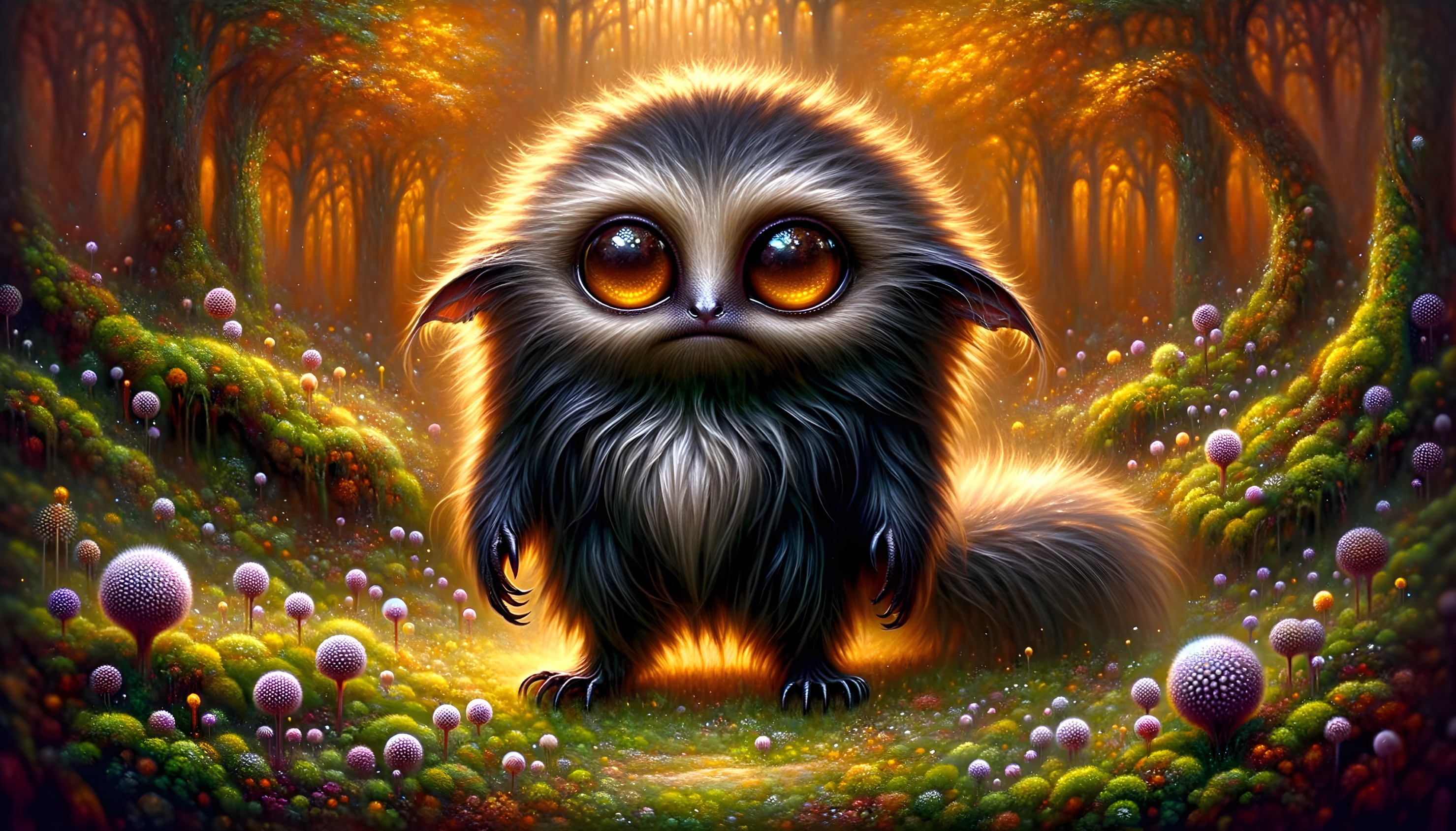 Fluffy Creature in a Mystical Golden Forest Scene