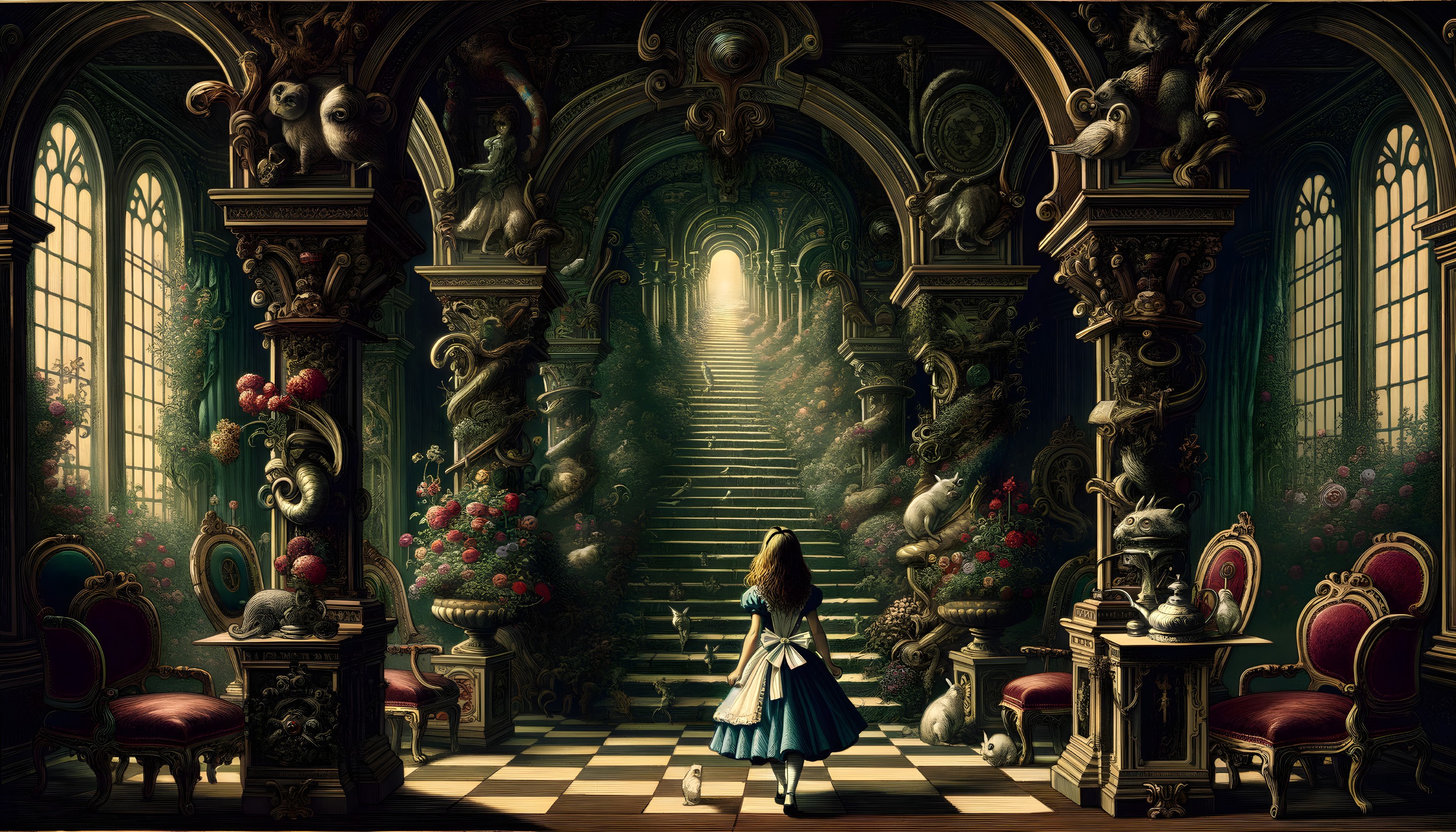 Whimsical hallway with a girl in a blue dress
