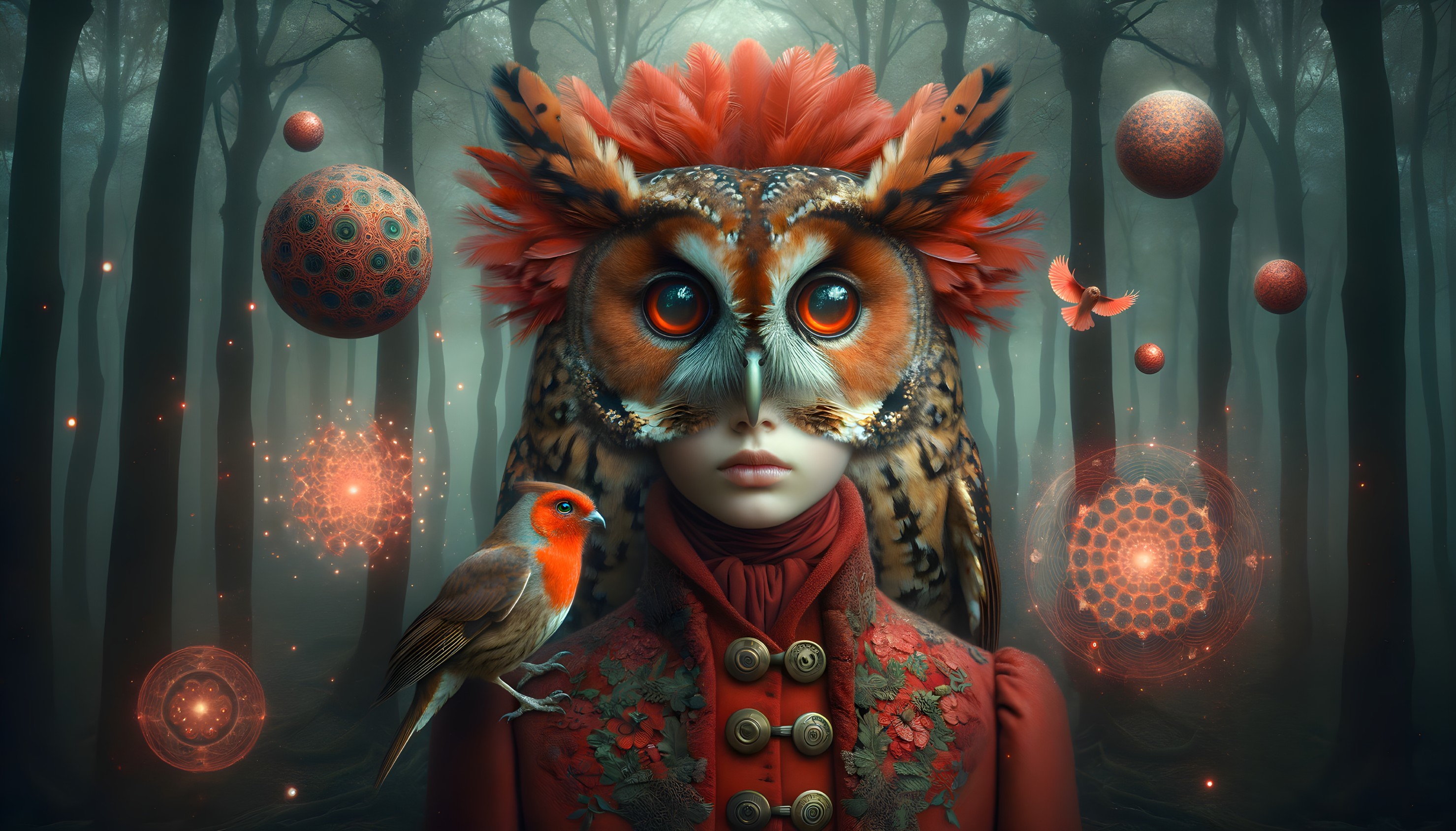 Mystical Forest Scene with Owl Headdress and Fog