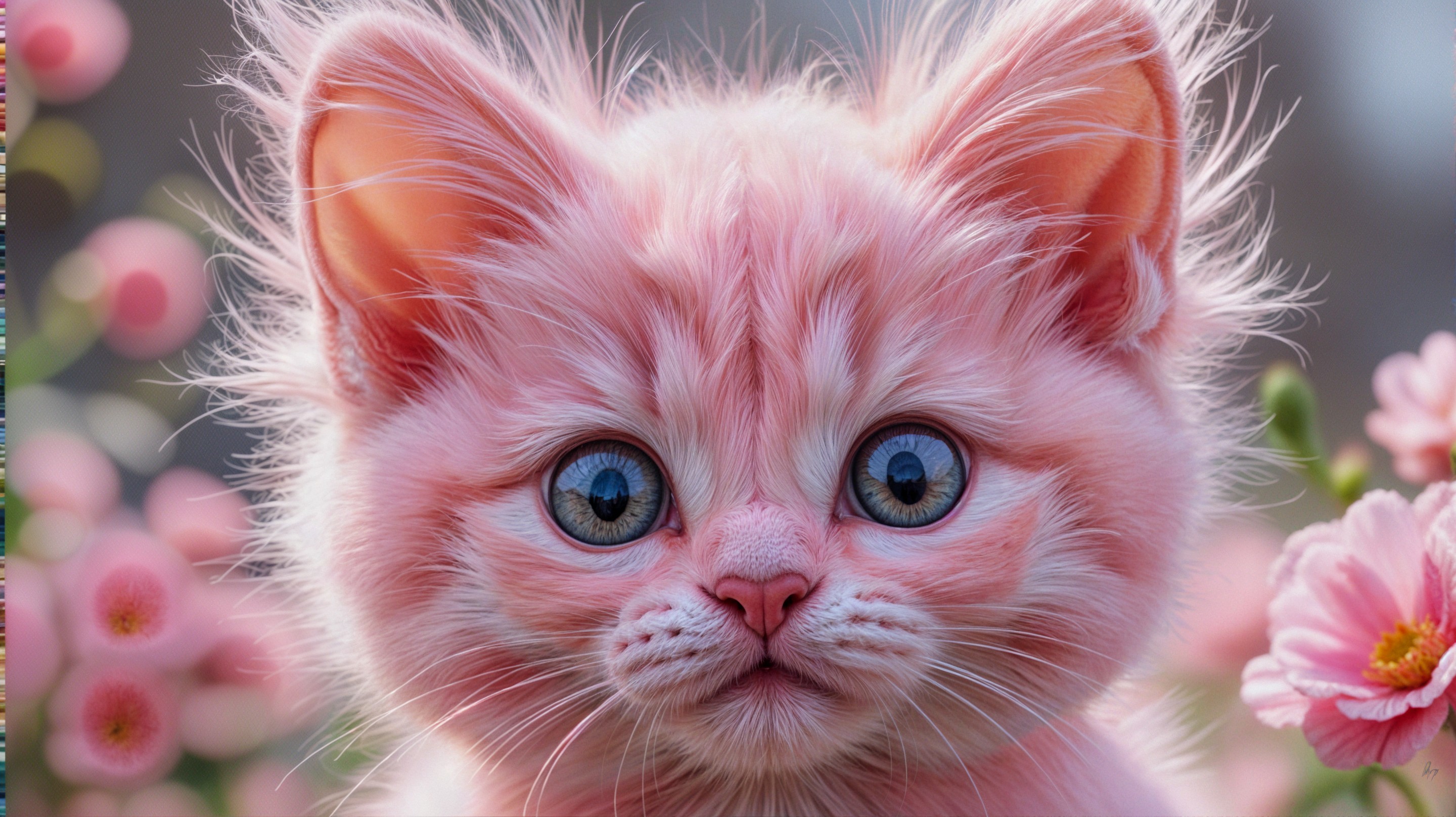 Whimsical Pink Kitten Surrounded by Delicate Flowers