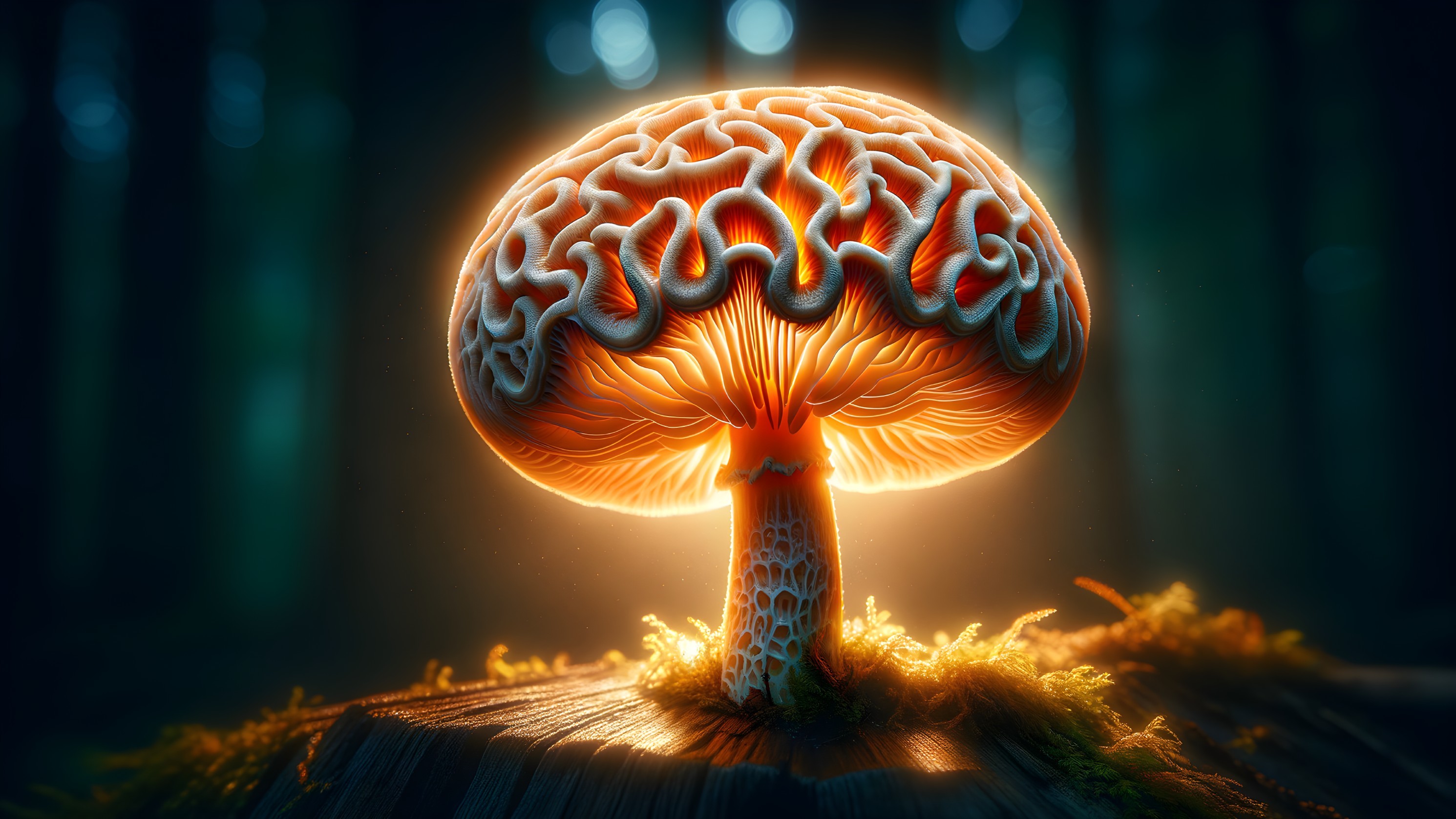 Surreal Brain-like Mushroom in Mystical Forest Setting