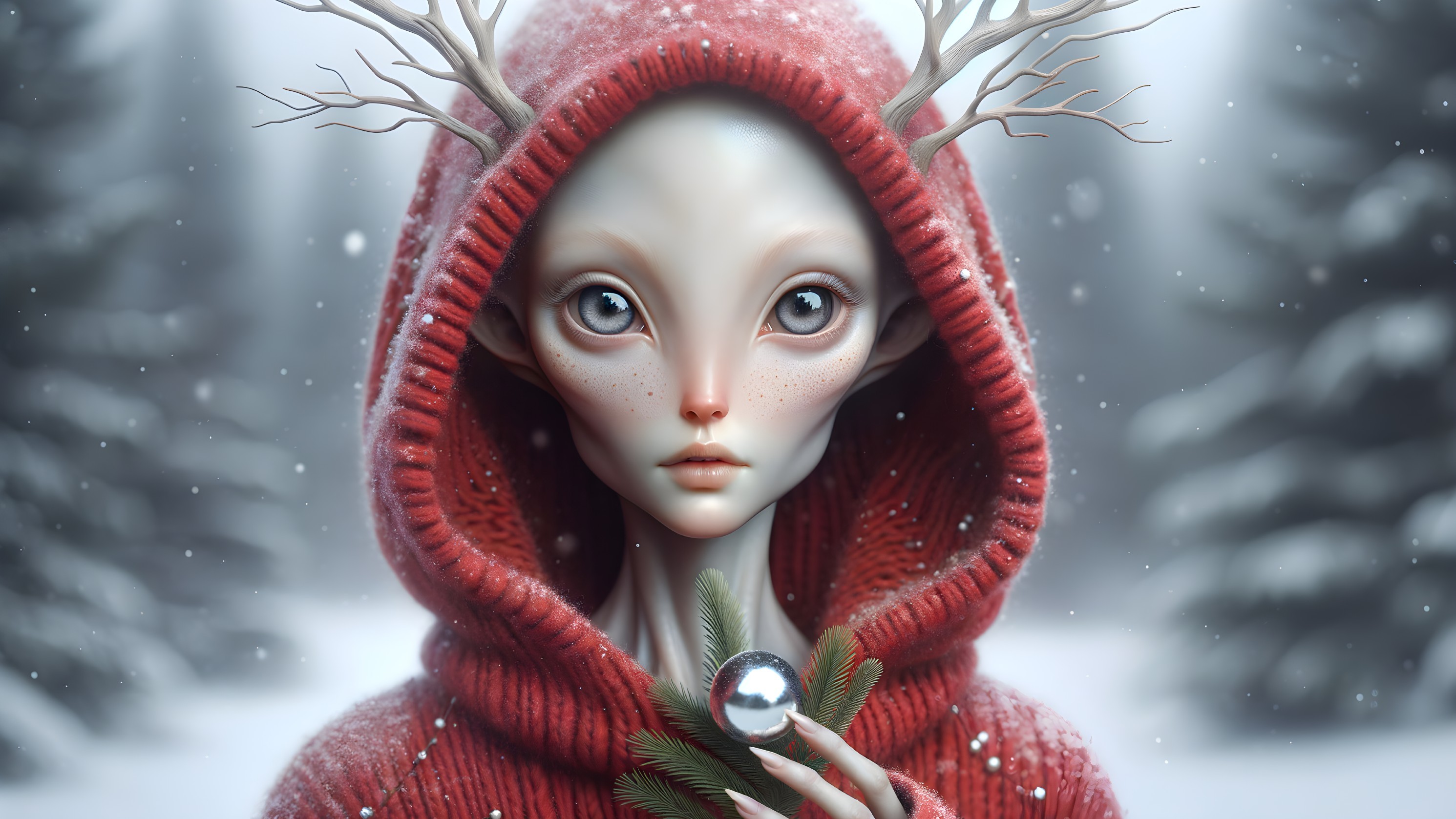 Whimsical Character in Snowy Forest with Antlers