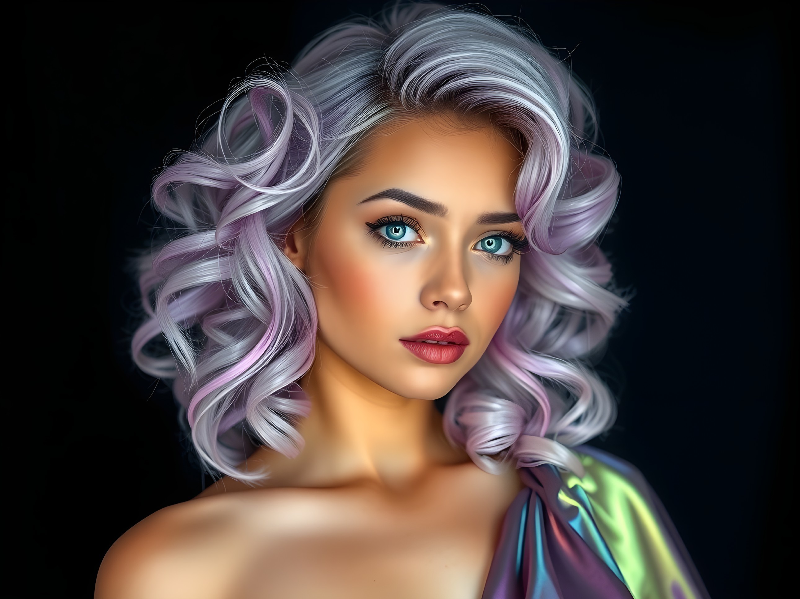 Portrait of a woman with pastel purple curls and blue eyes