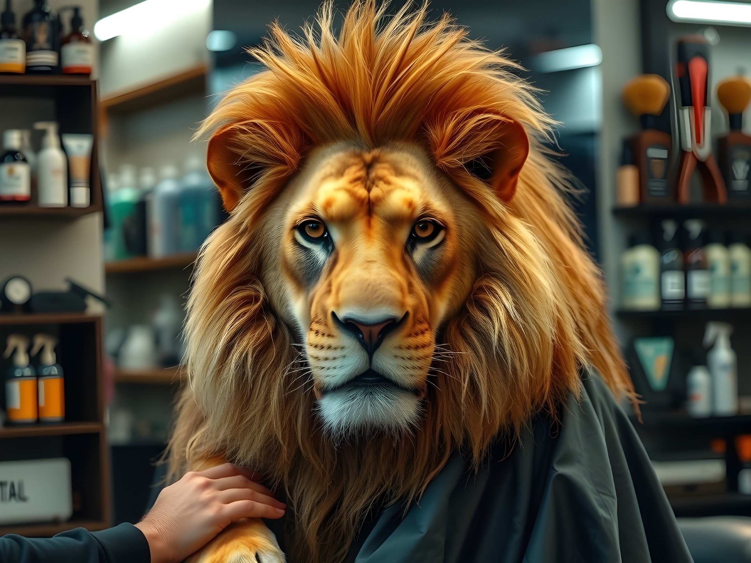 Lion in Barber Shop with Grooming Products and Tools