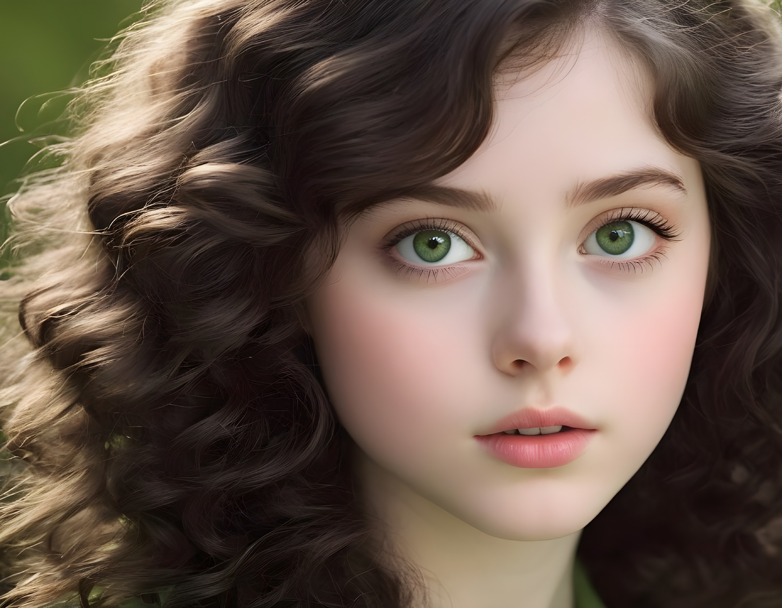 Young girl with green eyes in serene outdoor setting