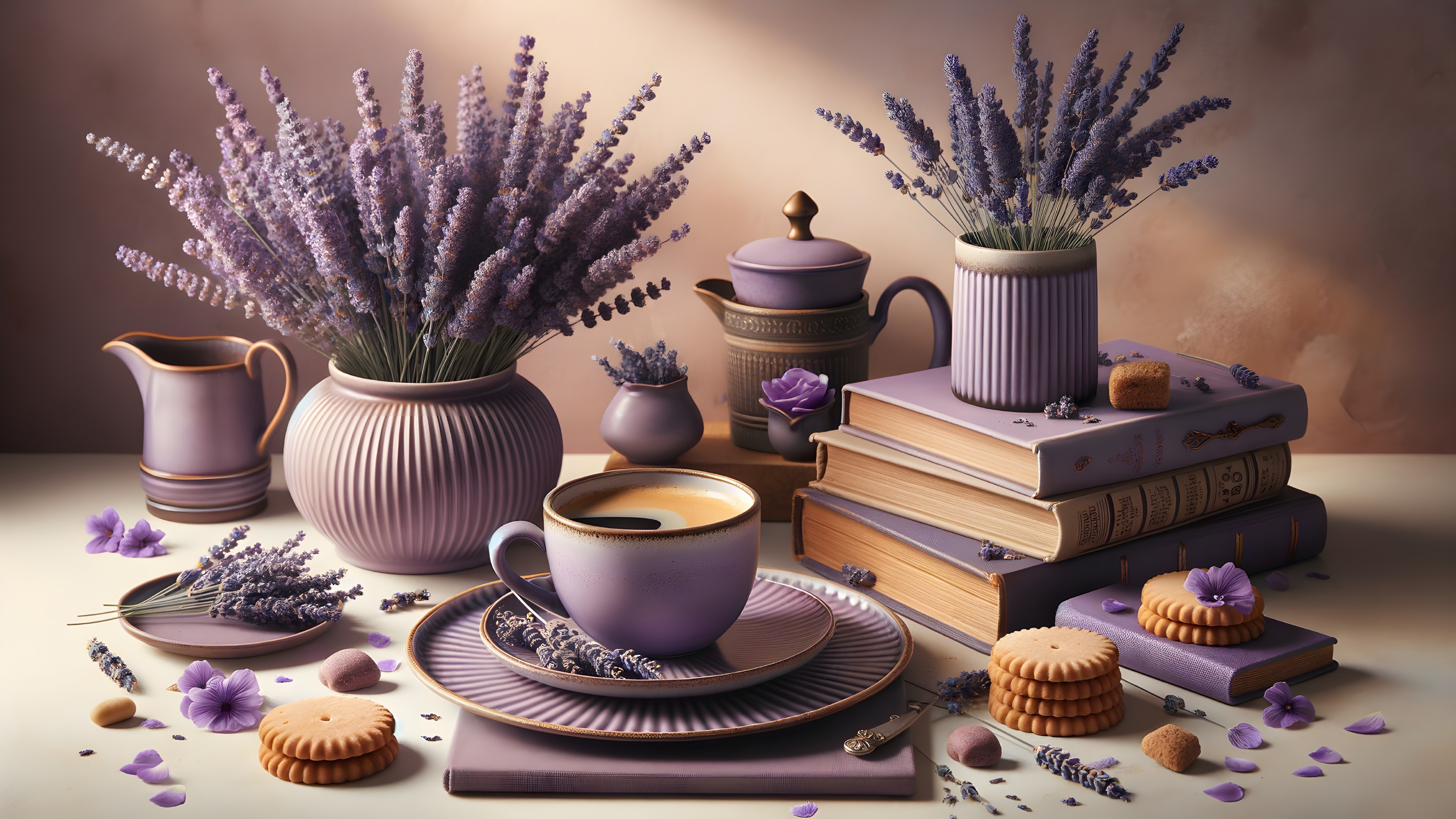 Lavender-Themed Still Life with Coffee and Flowers