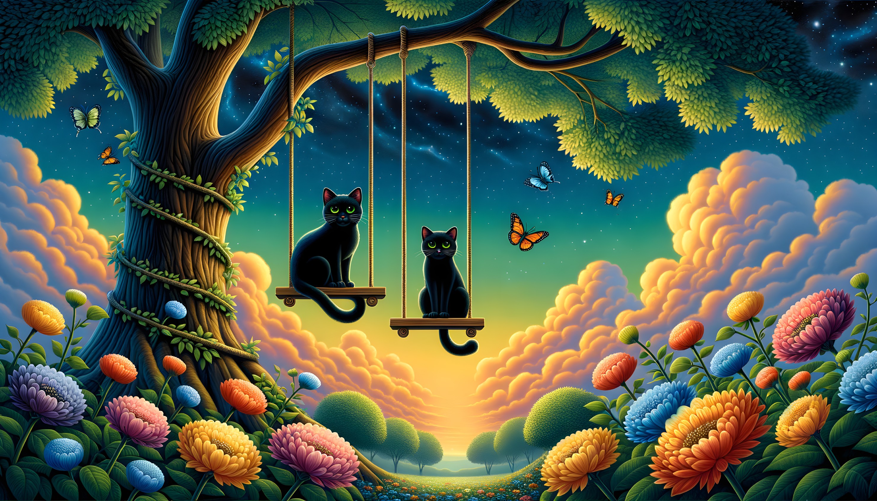 Black Cats on Swings Under a Lush Tree at Sunset