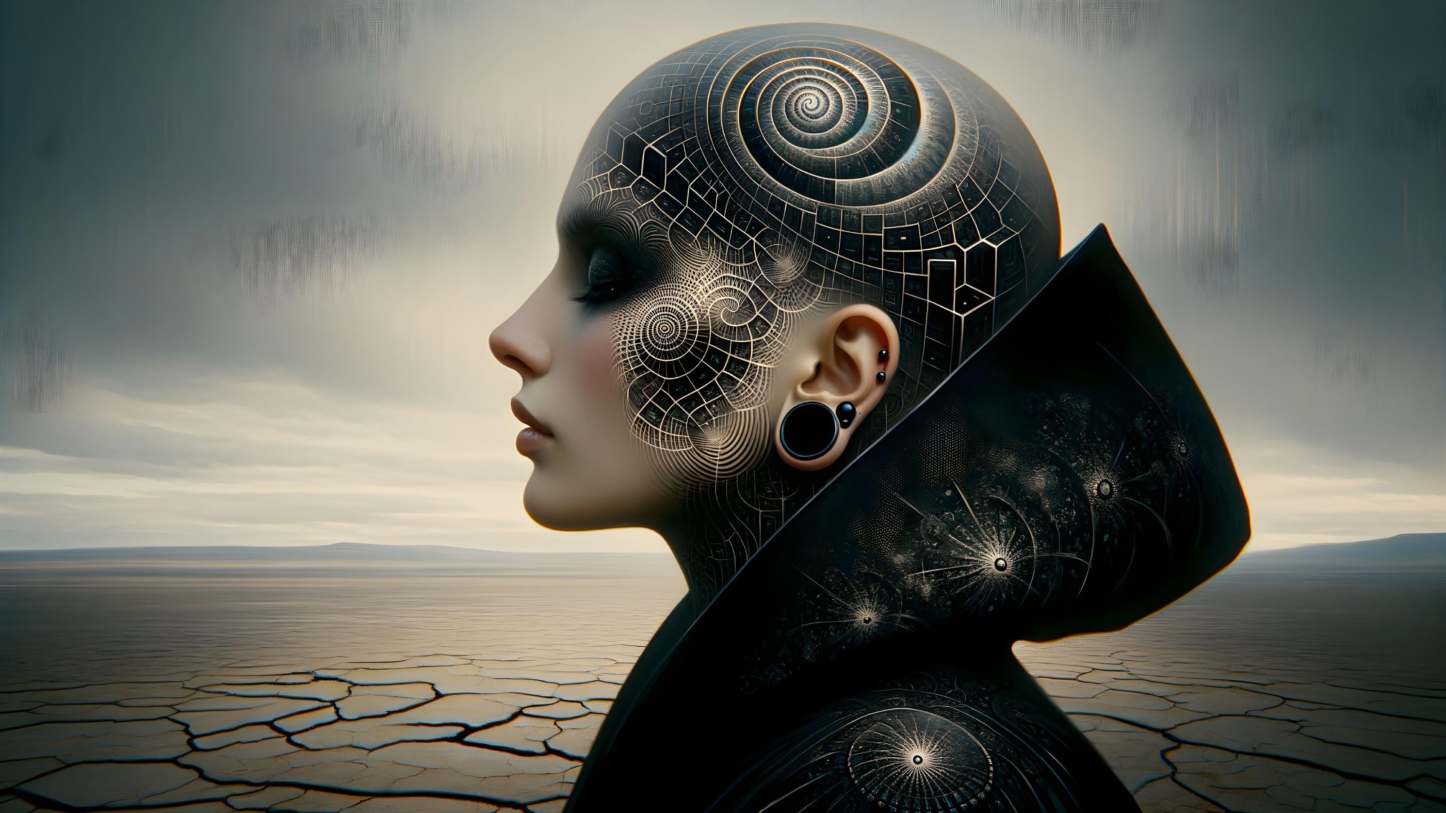 Futuristic Androgynous Figure in Desolate Landscape
