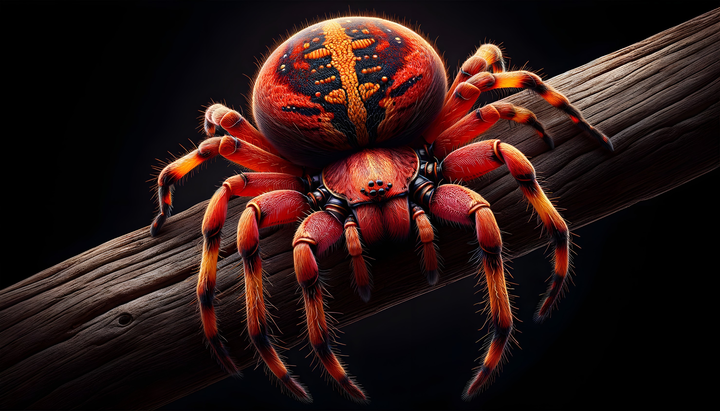 Vibrant Spider Close-Up on Wooden Branch