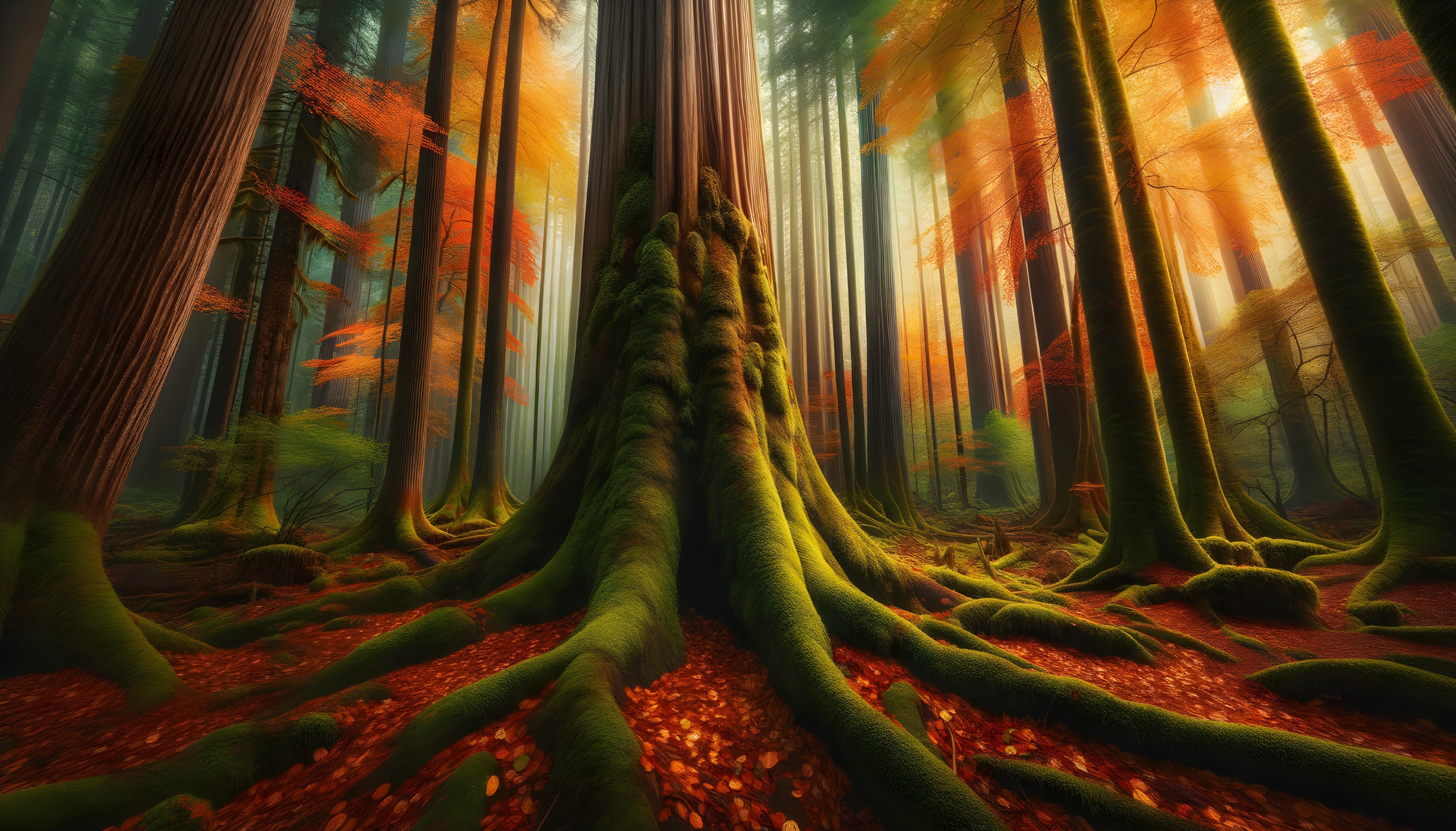 Serene Autumn Forest with Colorful Leaves and Moss