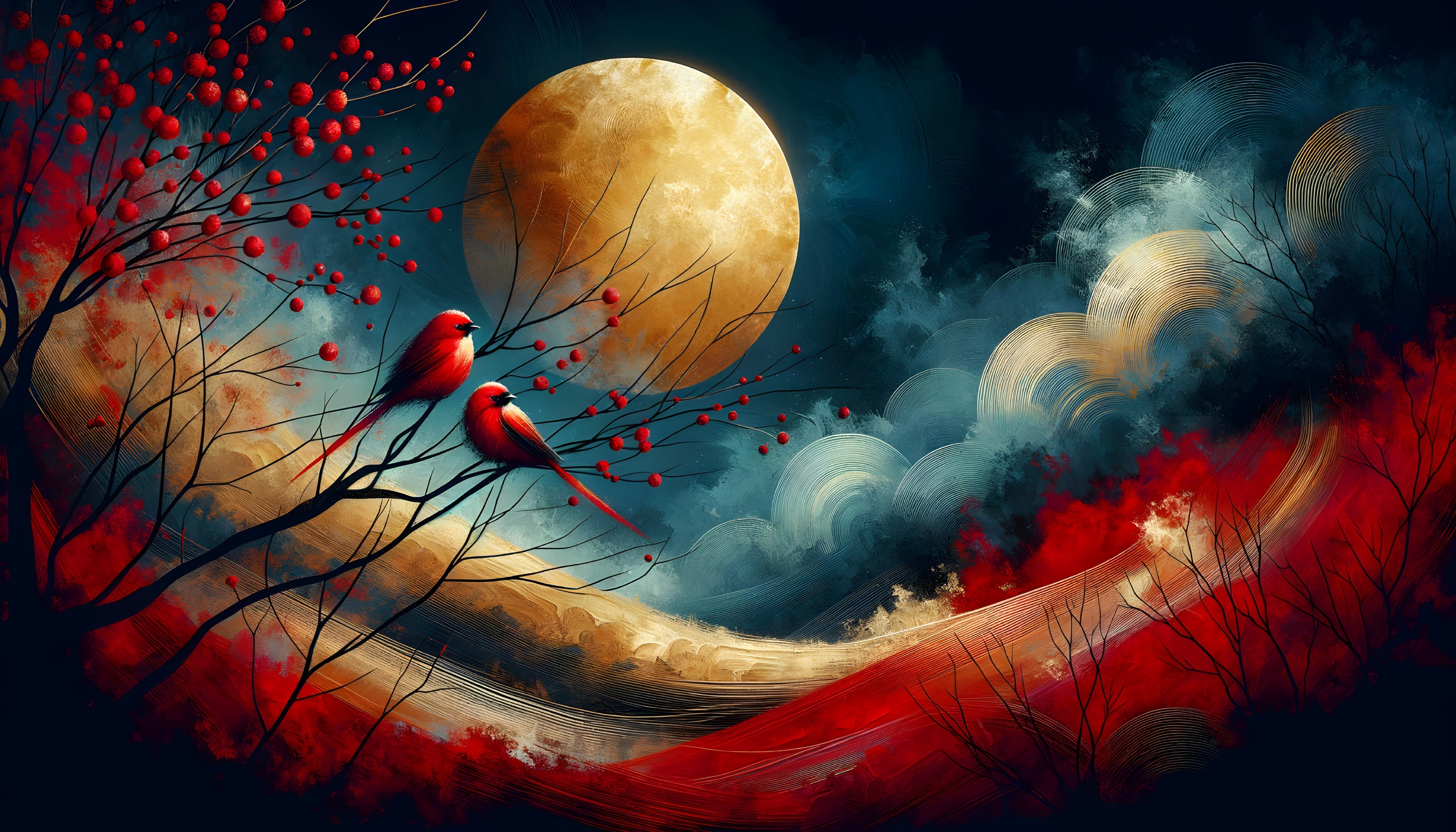 Night Landscape with Red Birds and Full Moon
