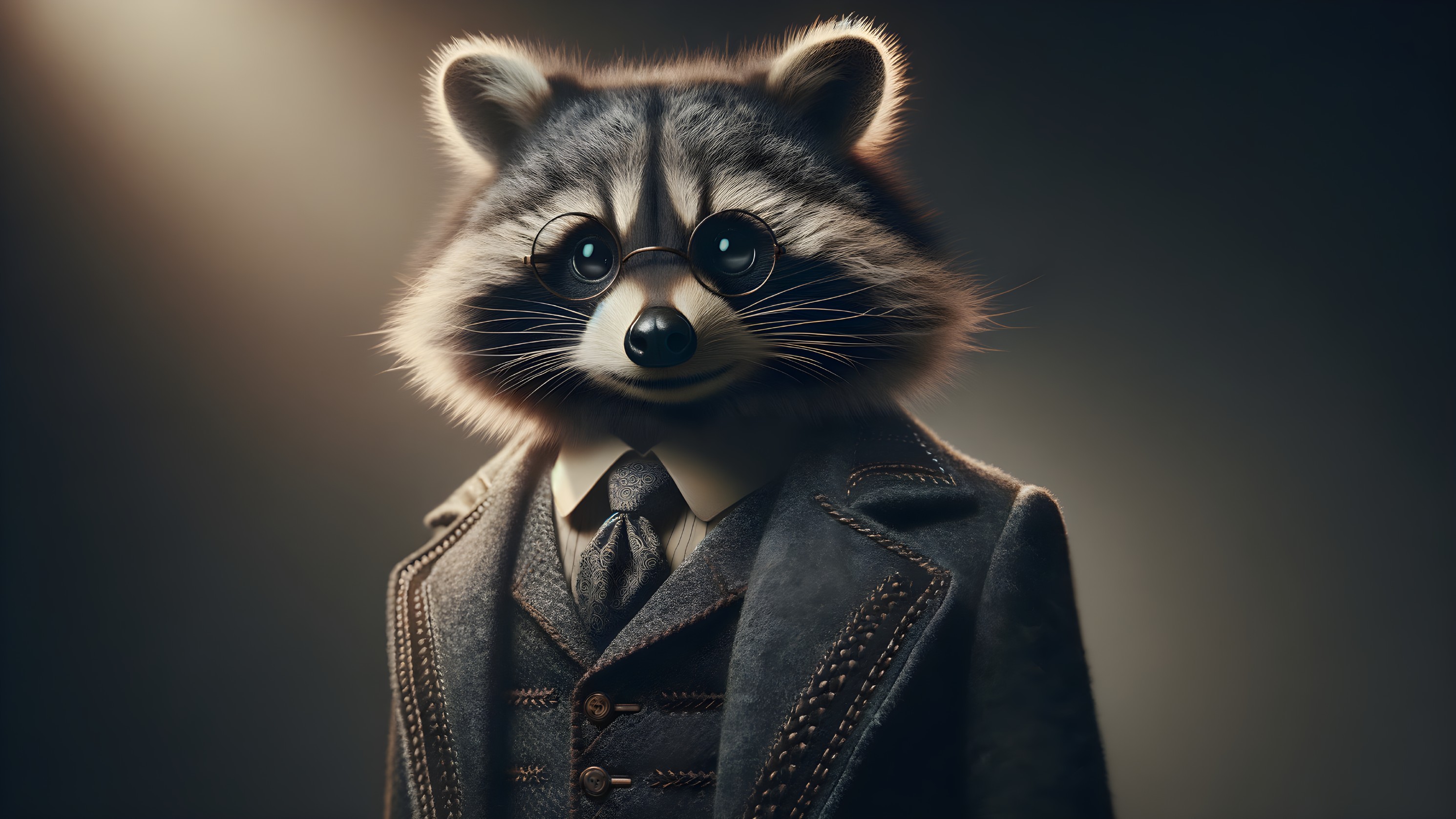 Dapper Raccoon in Tailored Suit and Round Glasses